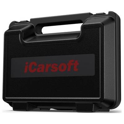 Schwarzes iCarsoft Hartschalentragetui mit Griff und rotem Logo auf der Vorderseite.