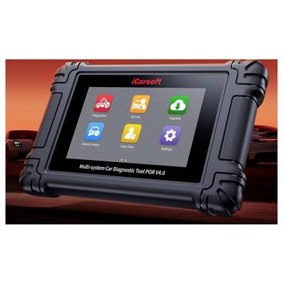 Tragbares iCarsoft-Autodiagnosegerät mit Touchscreen-Menü, das die Symbole Diagnose, Wartung, Aktualisierung, Fahrzeugverlauf, Benutzerdaten und Einstellungen anzeigt.