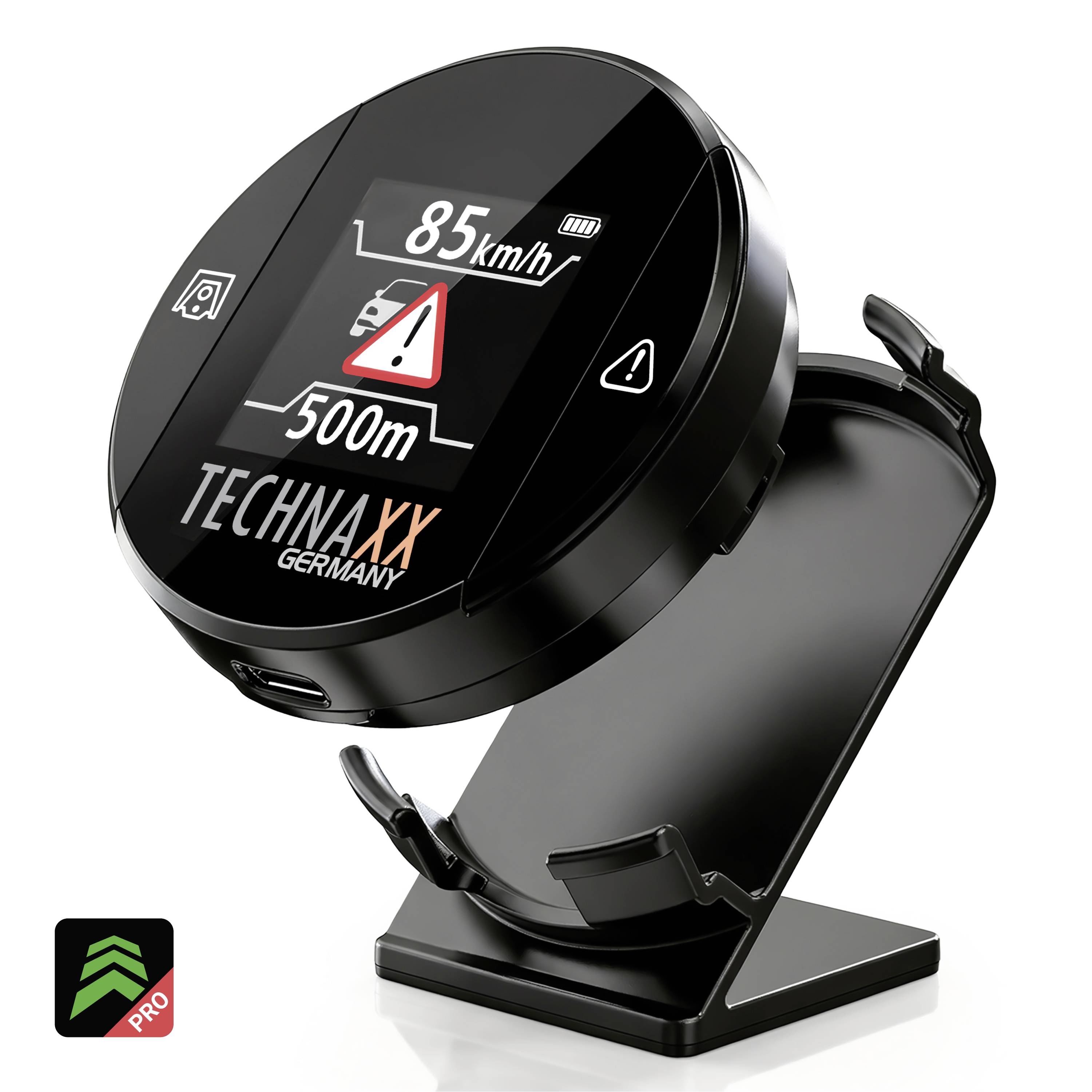 Schwarzes TECHNAXX Germany Windschutzscheiben-montiertes Auto-Head-up-Display zeigt 85 km/h, ein Warnsymbol und 500 m; beinhaltet einen Ständer und PRO-Abzeichen.