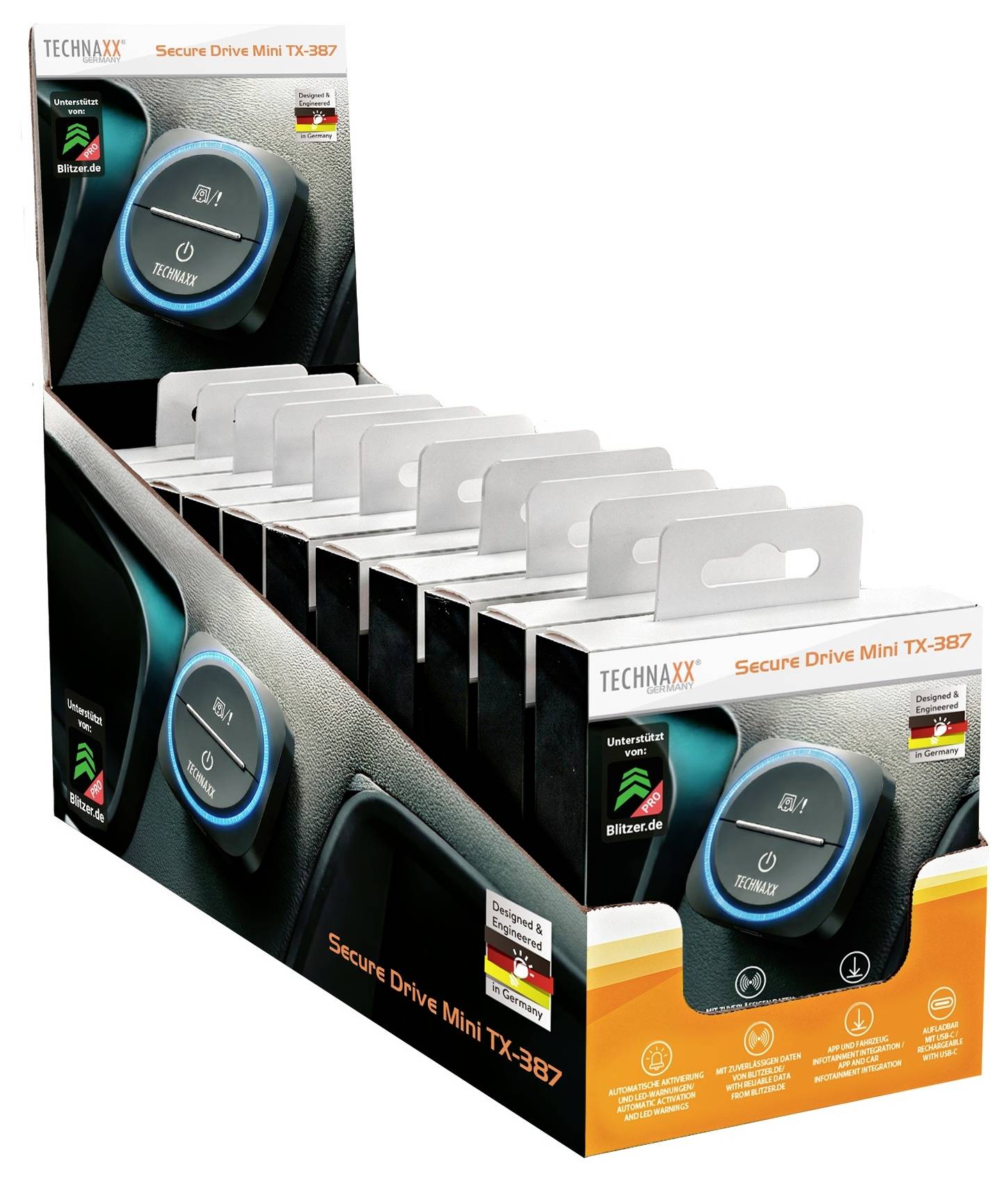 Schachtel mit TECHNAXX Secure Drive Mini TX-387 USB-Anti-Diebstahl-Geräten, die in Einzelhandelspaketen angezeigt werden.