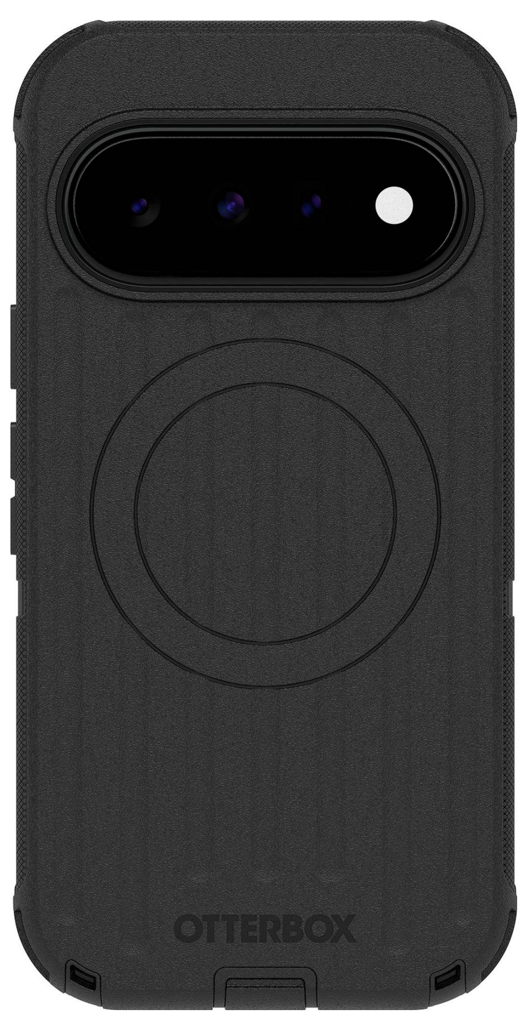 Schwarze OtterBox-Handyhülle von hinten mit großem kreisförmigem MagSafe-ähnlichem Ring und Kameraausschnitt oben.