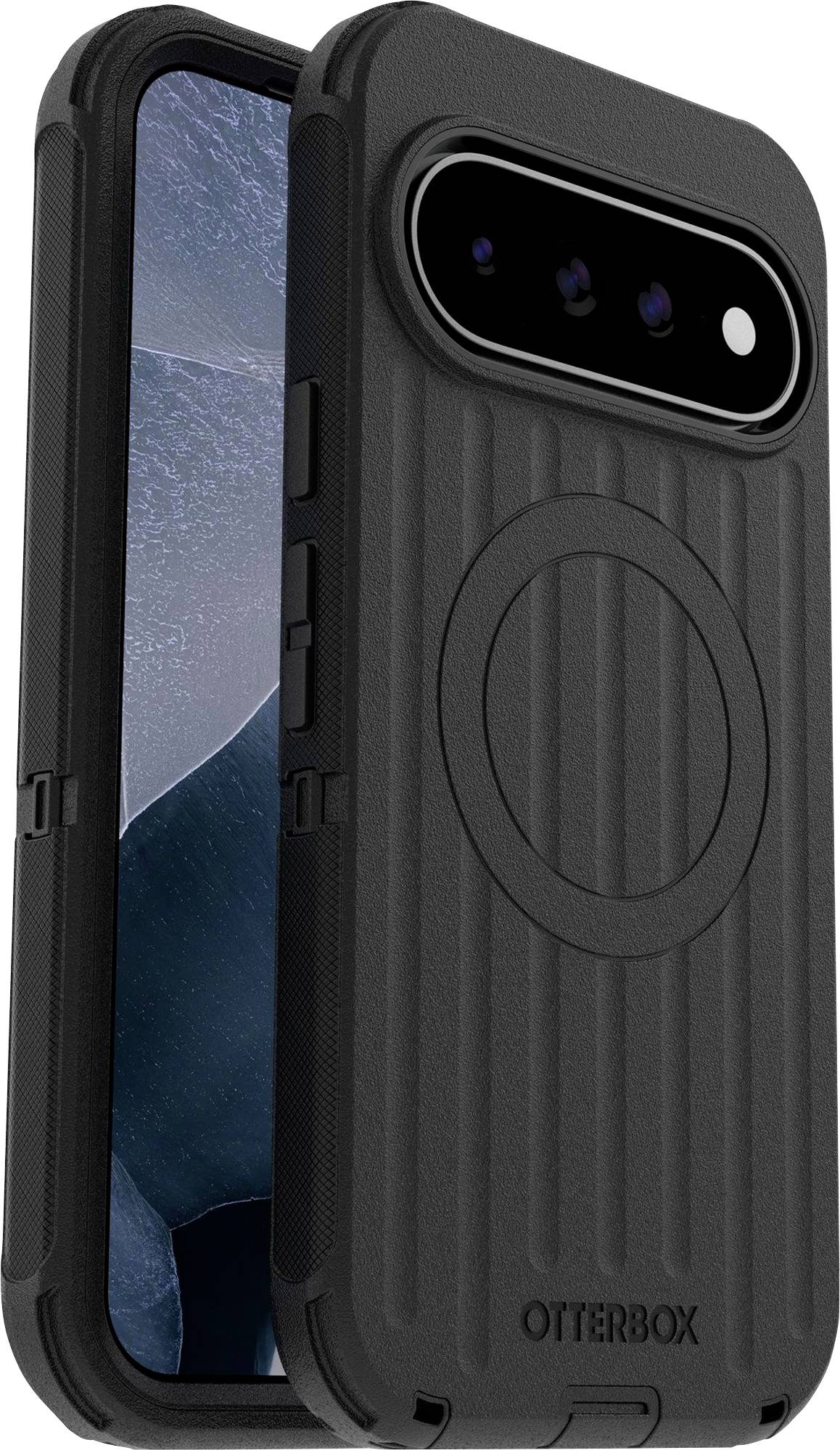 Schwarze OtterBox-Handyhülle mit integriertem kreisförmigen MagSafe-ähnlichen Ring und erhöhtem Kamerasschutz, gezeigt auf einem Smartphone.