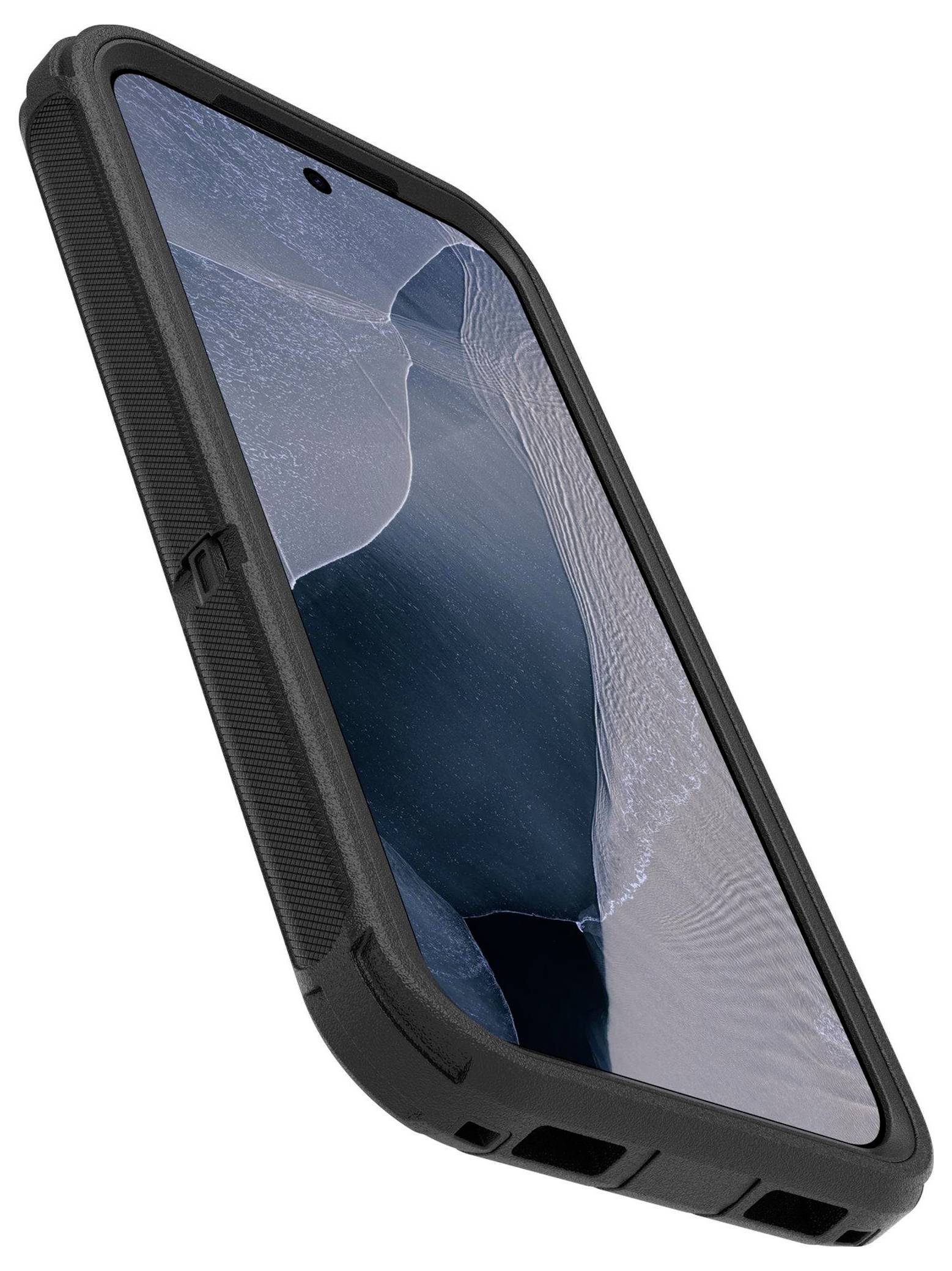 Schwarze robuste Smartphone-Schutzhülle auf einem Telefon gezeigt, mit erhöhten Schutzrändern und Ausschnitten um den Ladeanschluss und die Tasten herum.