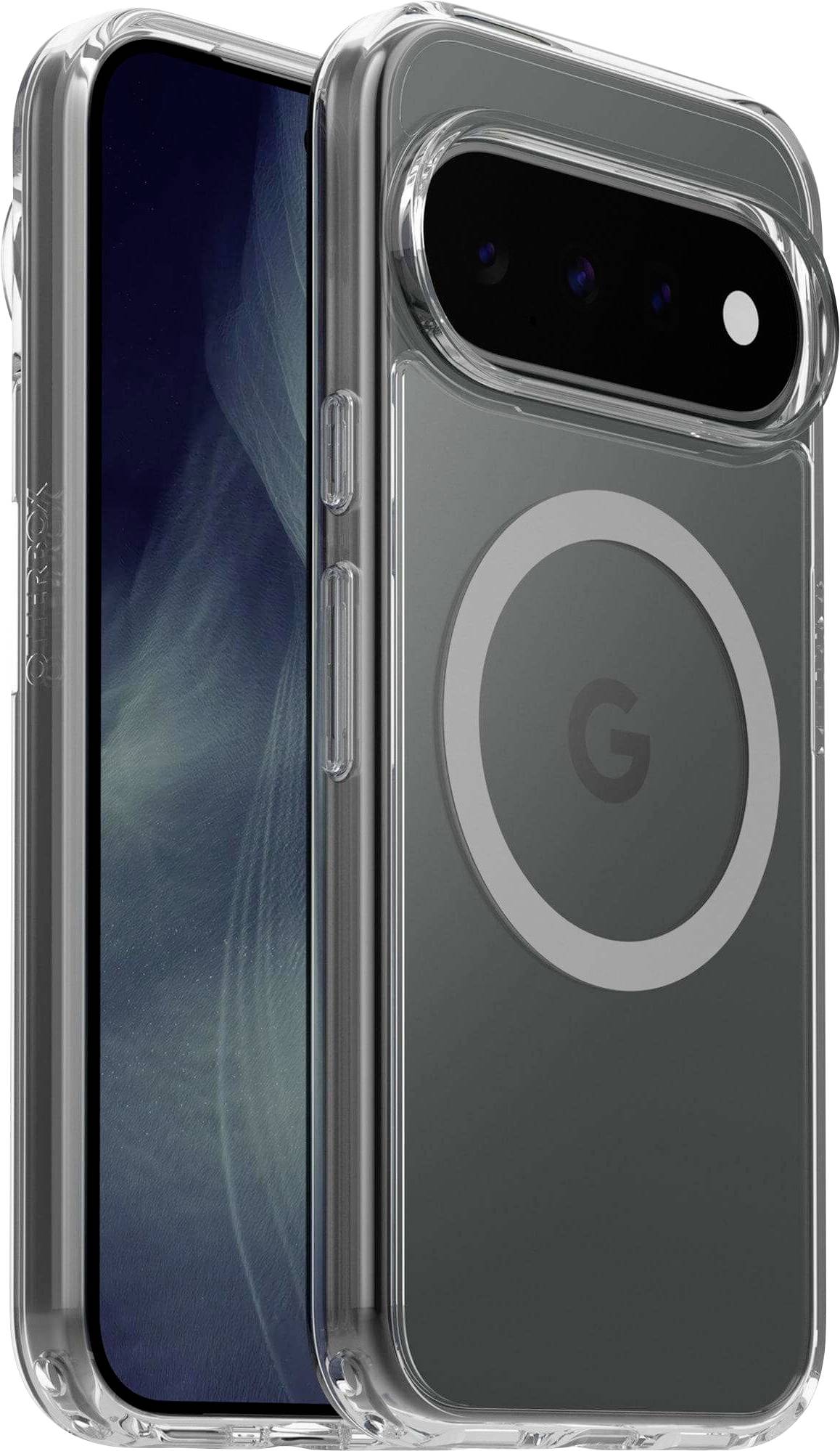 Zwei Ansichten eines Google Pixel-Telefons in einer durchsichtigen Schutzhülle, die die Rückseite mit Kamerabalken und den vorderen Bildschirm zeigen.