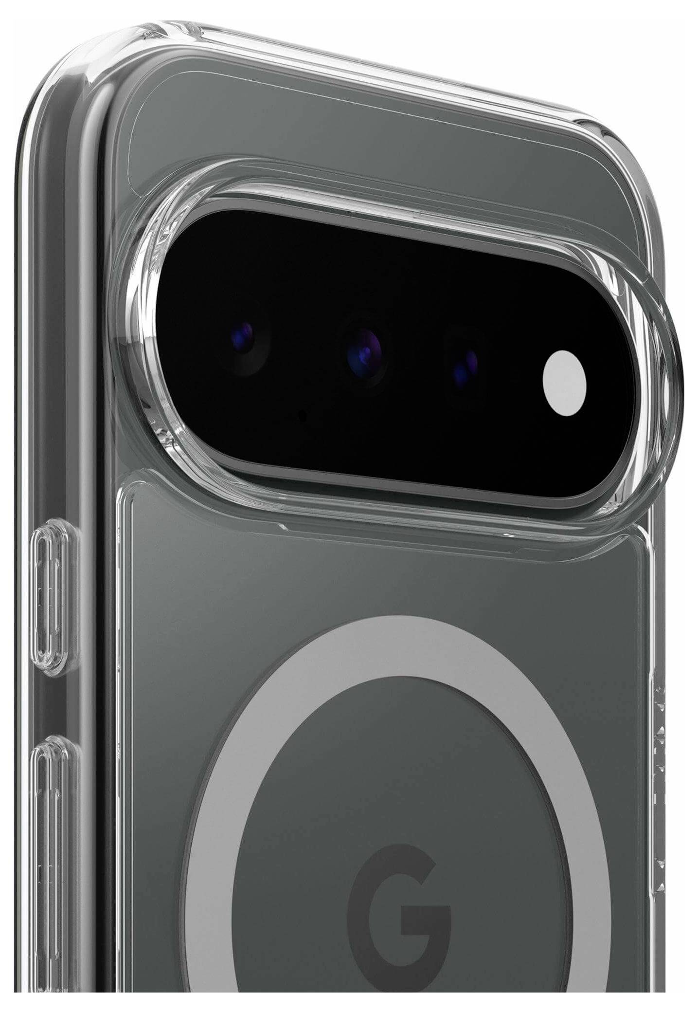 Nahaufnahme eines Smartphones in einer transparenten Schutzhülle, die eine große hintere Kameraleiste und einen kreisförmigen magnetischen Ladecomputer mit einem "G"-Logo zeigt.