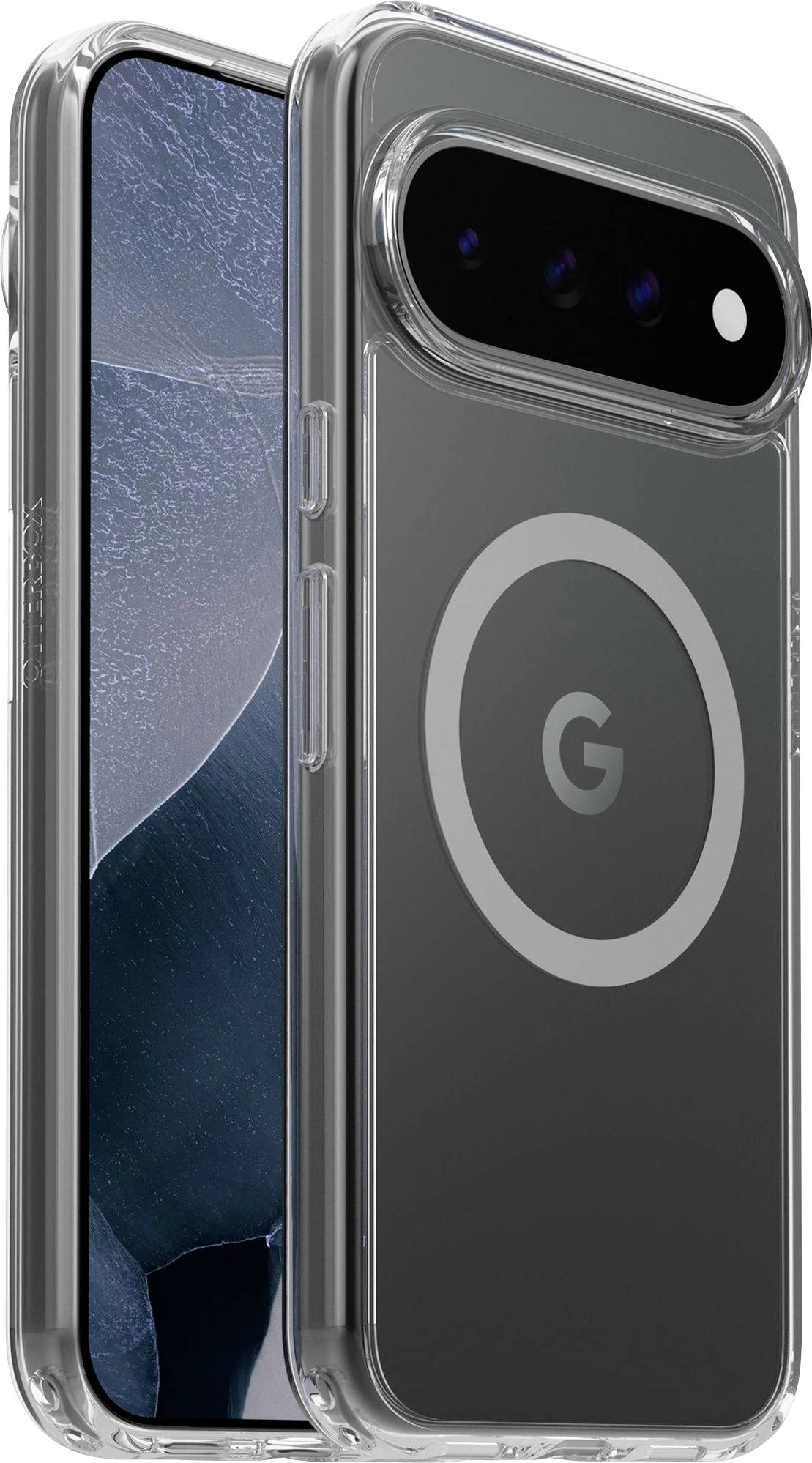 Zwei transparente Handyhüllen auf einem Smartphone, die den vorderen Bildschirm und die Rückseite mit zentriertem kreisförmigem G-Logo und schwarzem Kamerabalken zeigen.
