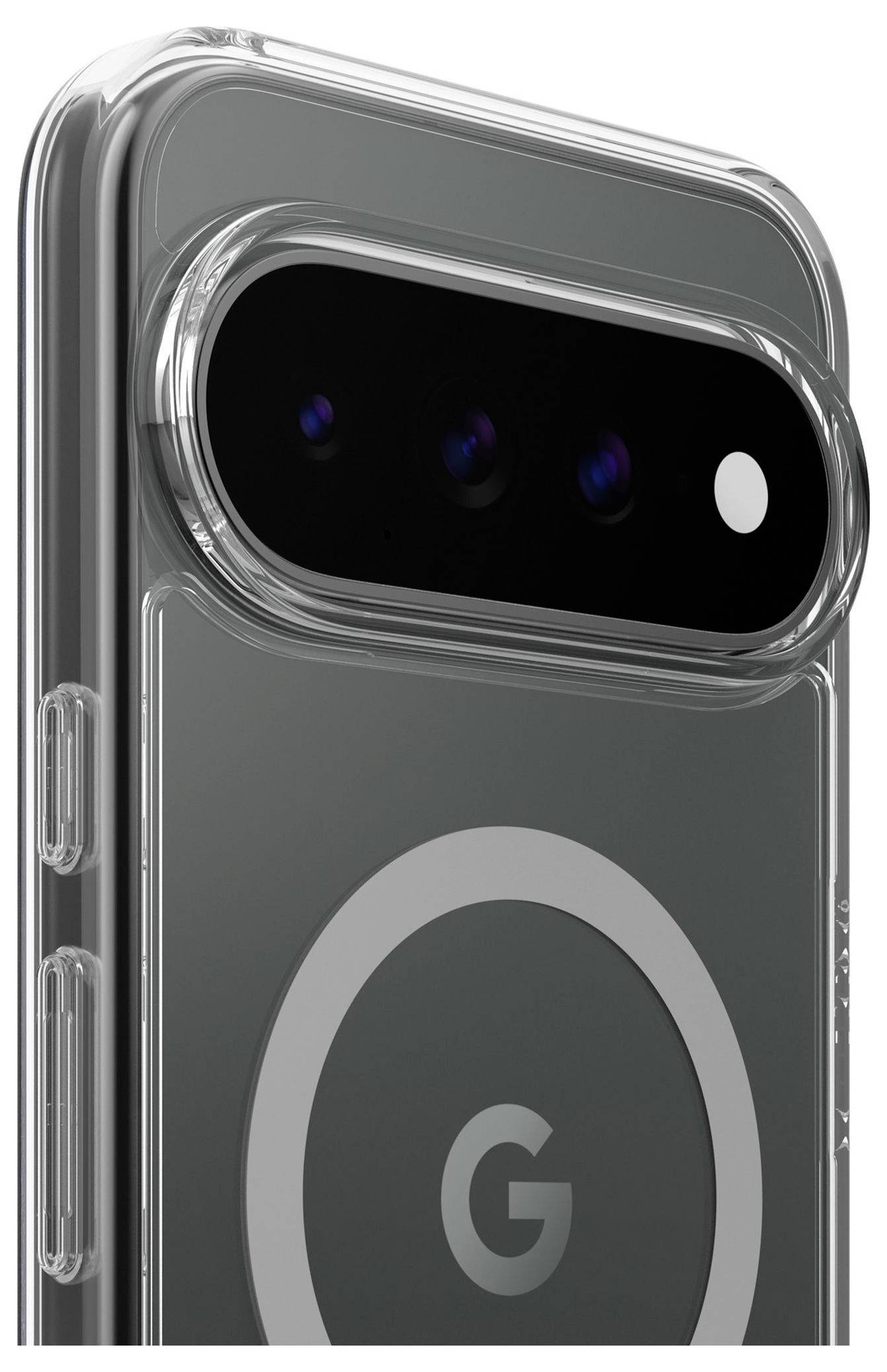 Transparente Schutzhülle auf der Rückseite eines Smartphones, die die Kameraleiste und ein kreisförmiges "G"-Logo auf einem grauen Panel zeigt.