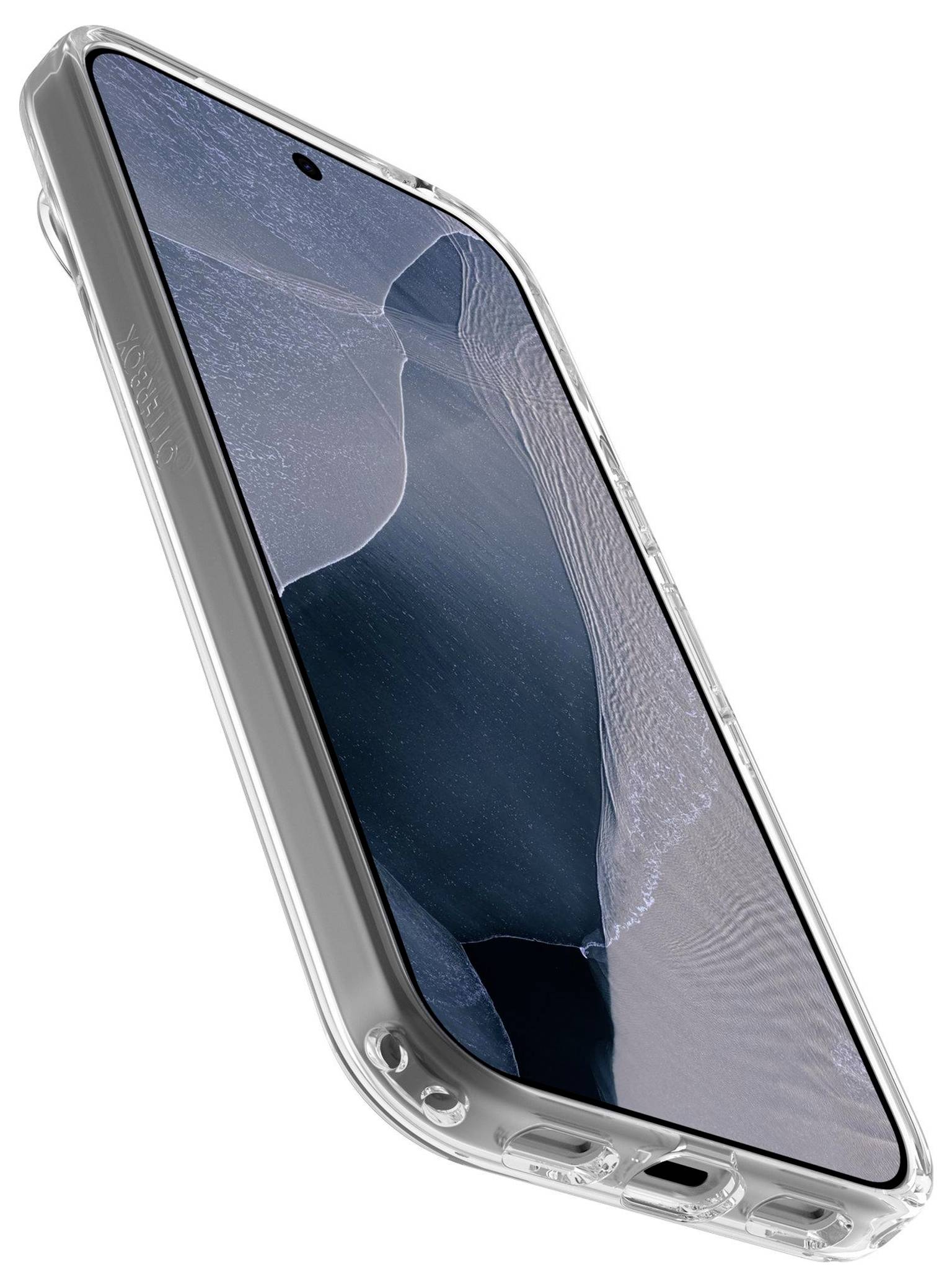 Ein Smartphone, das in einem transparenten Schutzgehäuse in einem Winkel dargestellt ist, mit einem großen Bildschirm, der ein abstraktes blaues Hintergrundbild anzeigt.