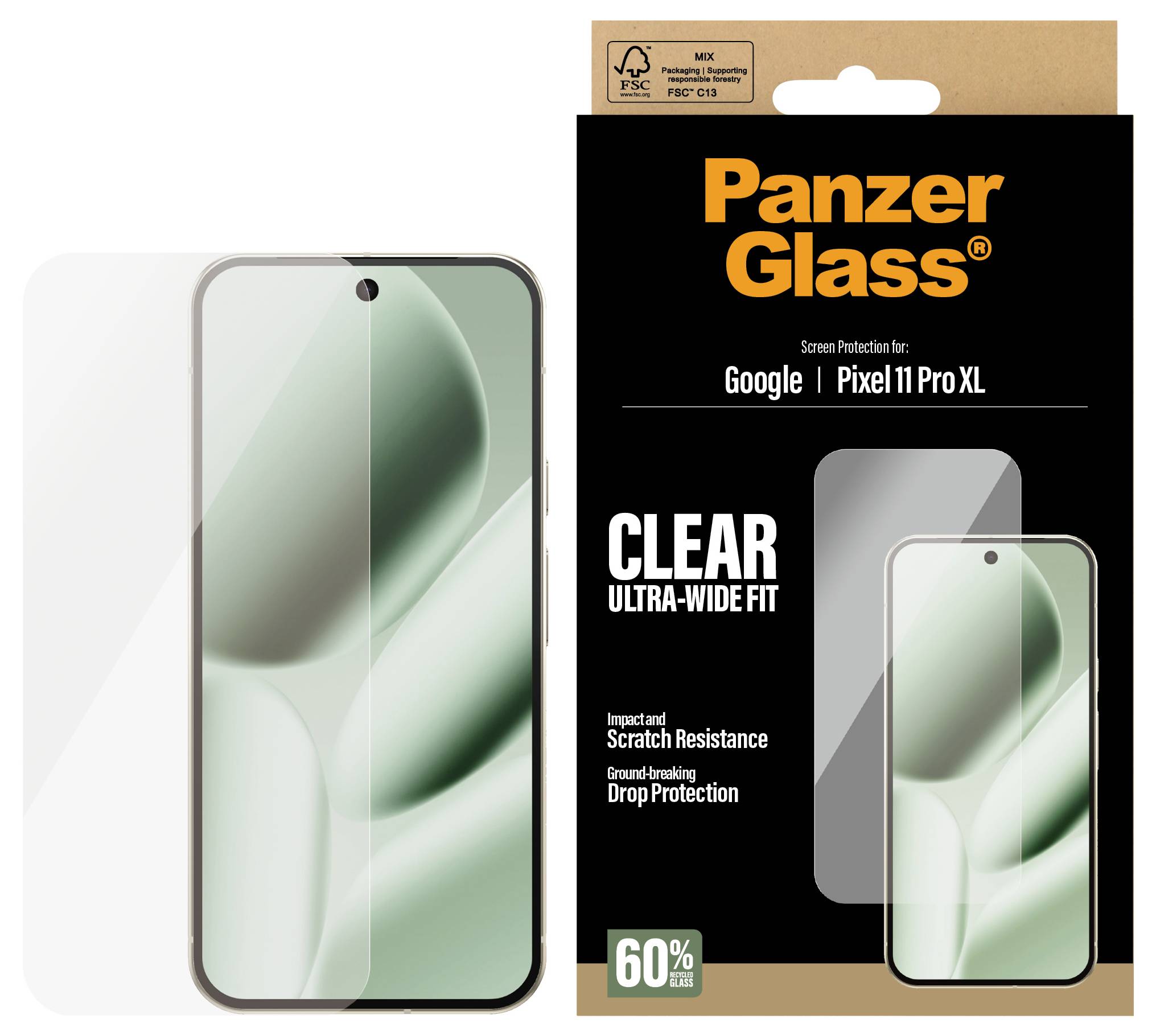 PanzerGlass klarer Displayschutz für Google Pixel 11 Pro XL, gezeigt auf der Verpackung neben einem Telefon mit angebrachtem Schutz.