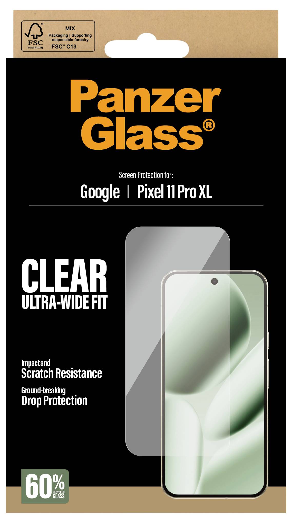 PanzerGlass Displayschutzfolie für Google Pixel 11 Pro XL mit klarer Ultra-Weitwinkel-Passform, Kratzerbeständigkeit und Sturzschutz mit 60% weniger Kunststoff.