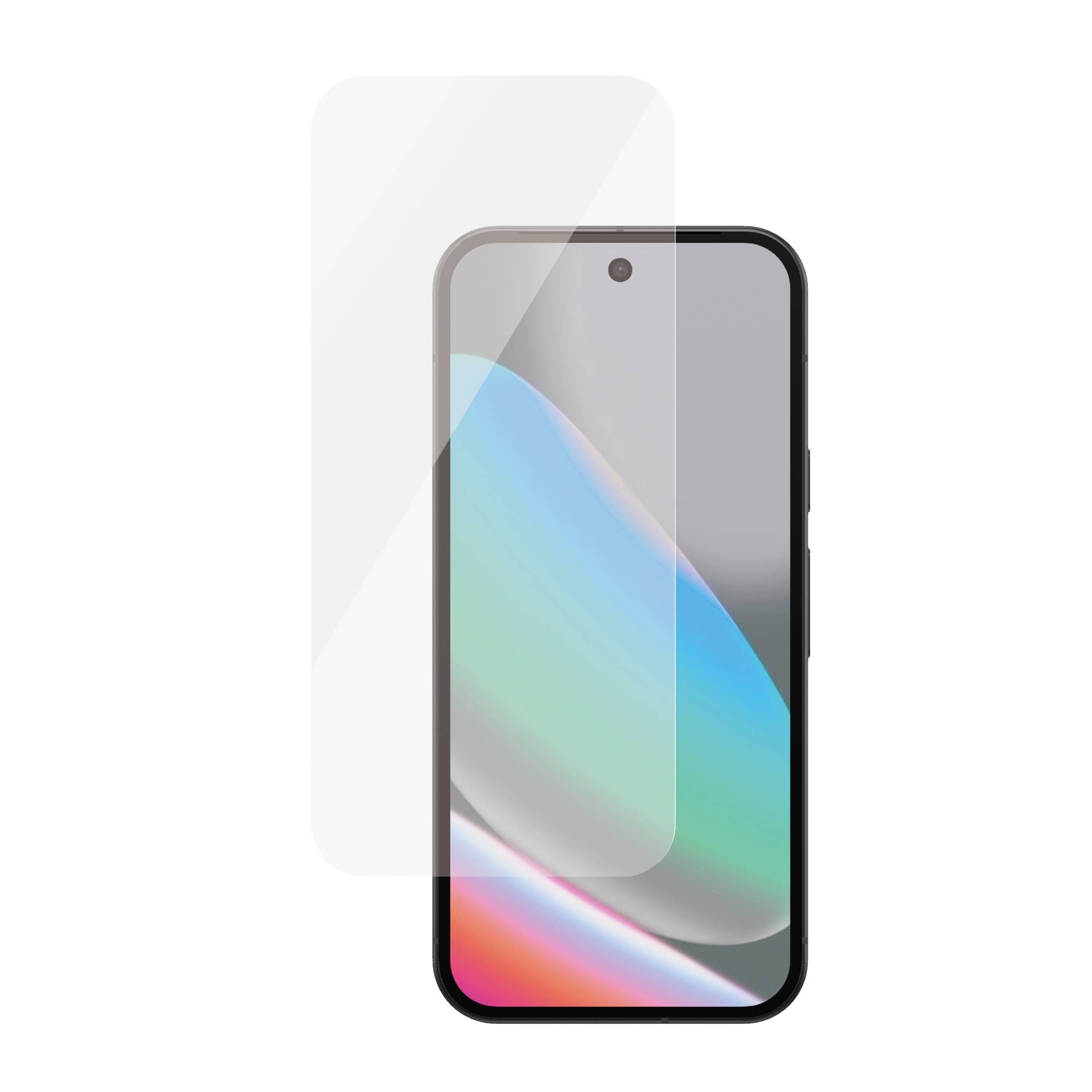 Ein Smartphone mit einer klaren Schutzfolie für den Bildschirm, die teilweise über das Display zurückgezogen ist.
