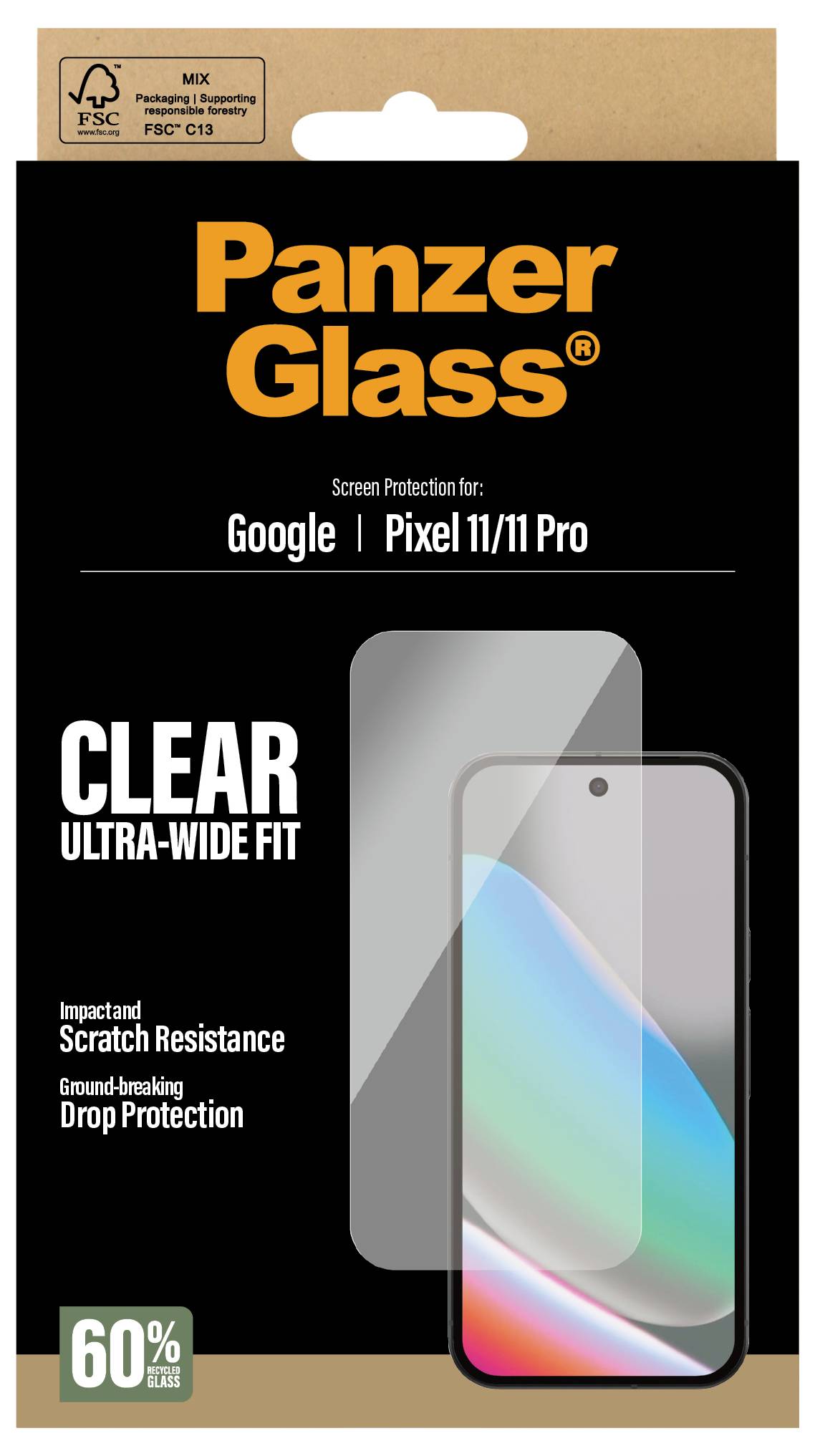 PanzerGlass Displayschutzfolie für Google Pixel 11/11 Pro, beschriftet mit „Clear Ultra-Wide Fit" mit Kratzerresistenz und Sturzschutz.