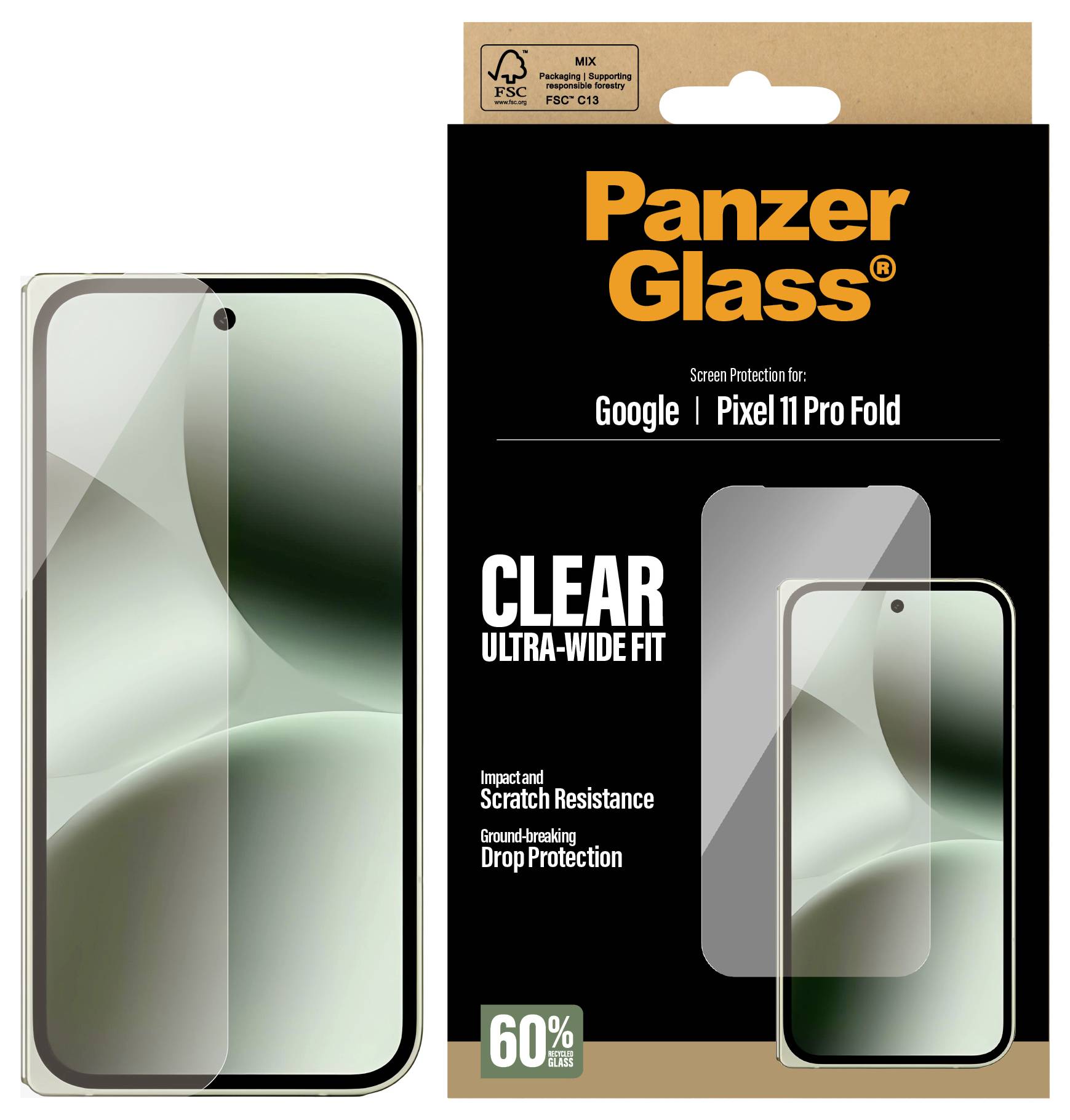 PanzerGlass transparente Displayschutzfolie Verpackung für Google Pixel 11 Pro Fold mit Telefonabdeckung, ultrabreiter Passform, Kratzerbeständigkeit und Fallschutz.