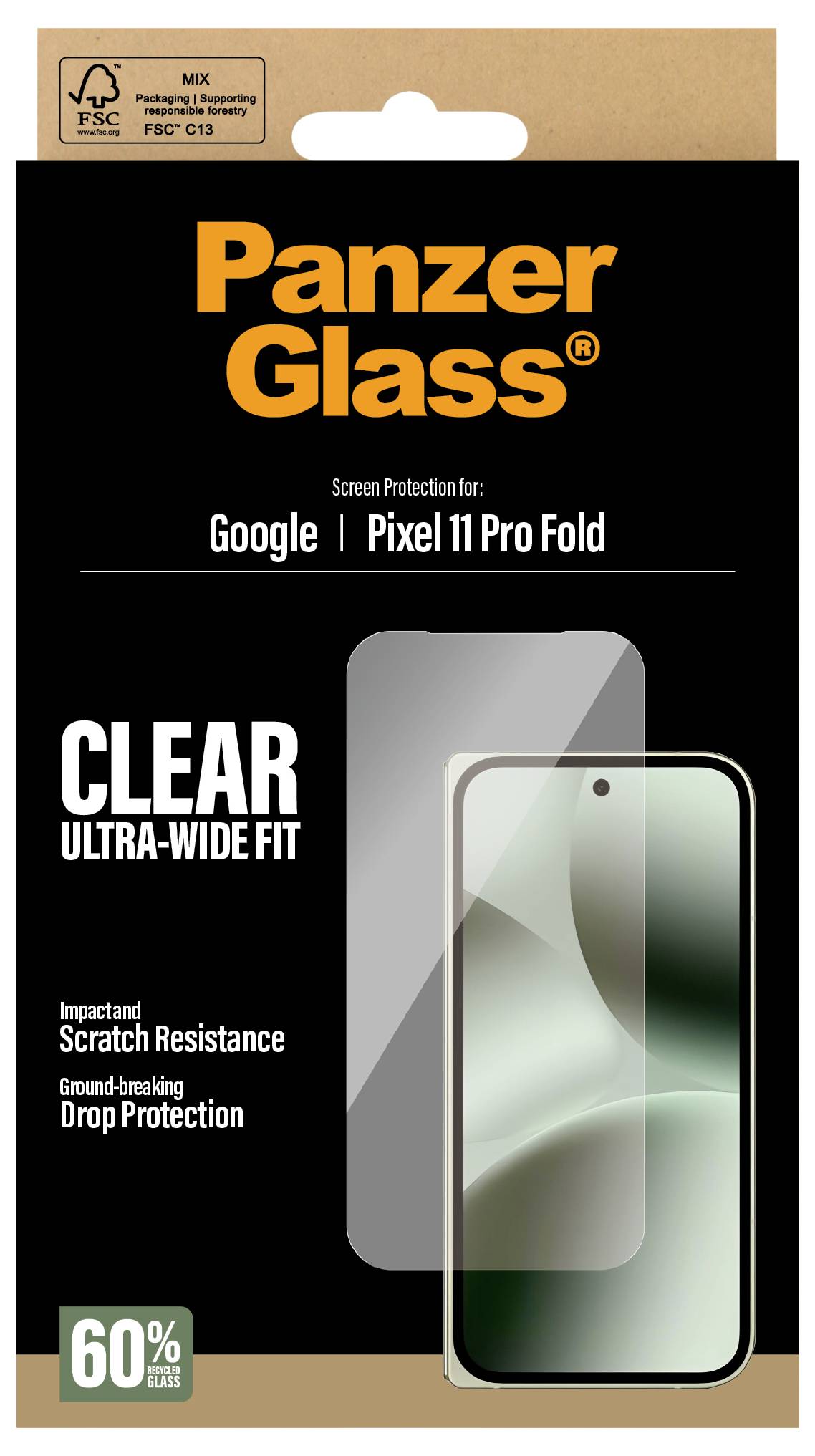 PanzerGlass Displayschutzfolie Verpackung für Google Pixel 11 Pro Fold, gekennzeichnet mit klarer Ultrabreiter Passform mit Kratzfestigkeit und Sturzschutz, 60% weniger Kunststoff.