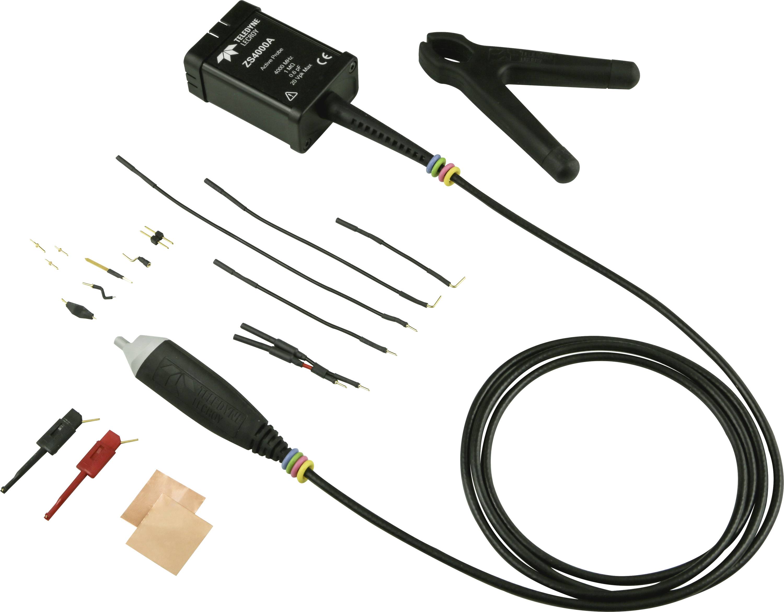 Testleitungsset mit schwarzer Messspitze, Klemmzubehör, Drähten, Steckverbindern und einem aufgerollten Kabel auf weißem Hintergrund.