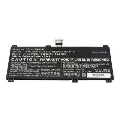 Schwarzes Laptop-Akkupack mit Modellbezeichnung und Sicherheitswarnungen, zeigt Stecker und Spezifikationen für einen HP-Computer.