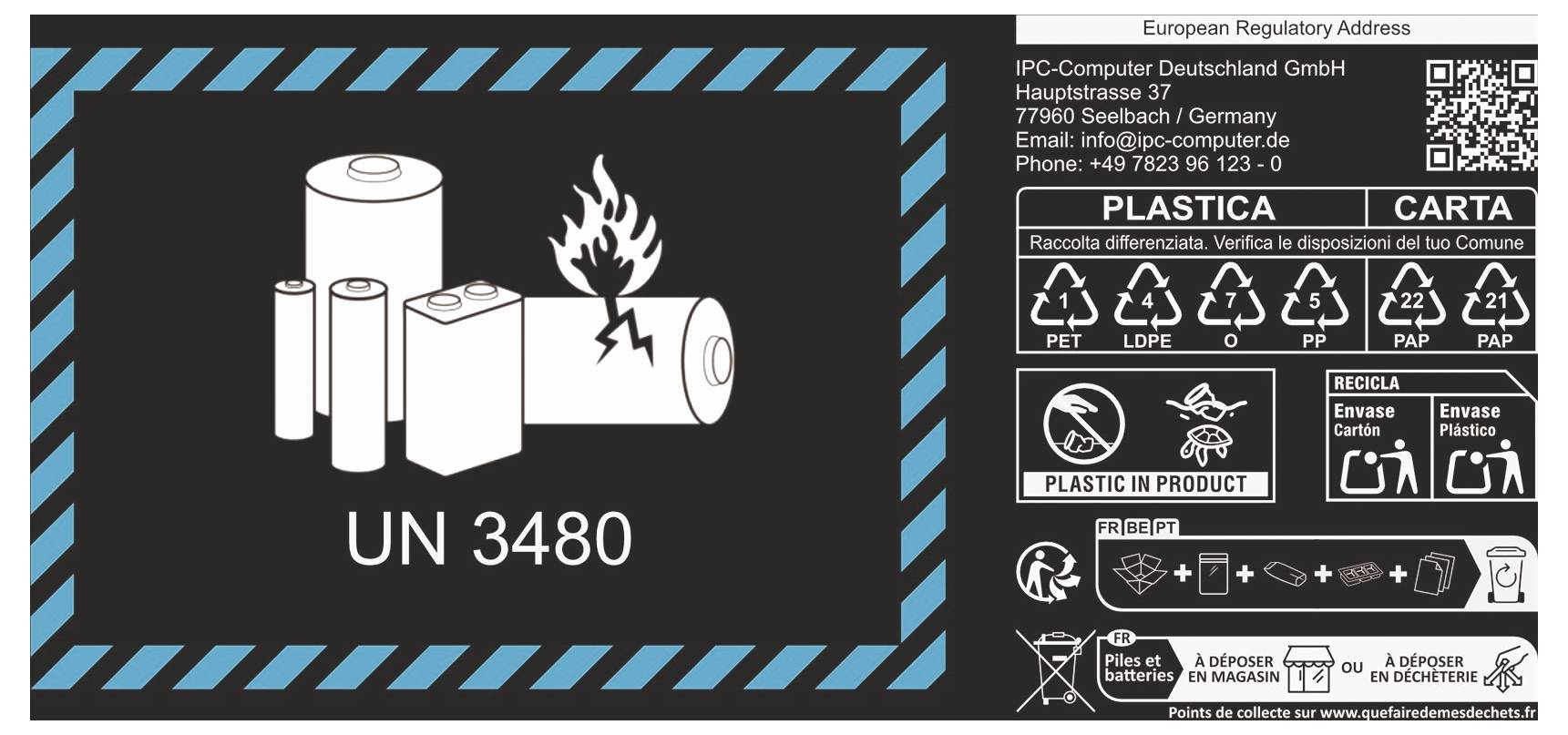 Lithium-Batterie-Gefahrenetikett "UN 3480" mit Flammen- und Batteriesymbolen, plus Recycling-/Entsorgungsanweisungen und EU-Kontaktdaten.