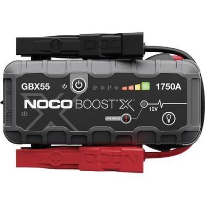 NOCO BOOST X GBX55 1750A 12V Starthilfegerät mit angebrachten roten und schwarzen Klemmen.