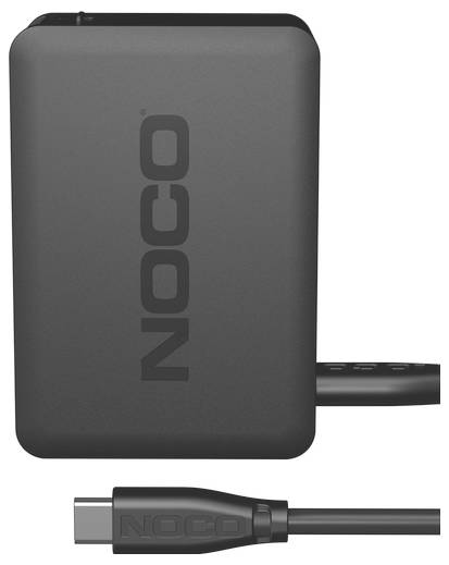 Schwarzes NOCO-Batterieladegerät/Stromgerät mit angebrachtem Kabel und Stecker, Vorderansicht auf weißem Hintergrund.