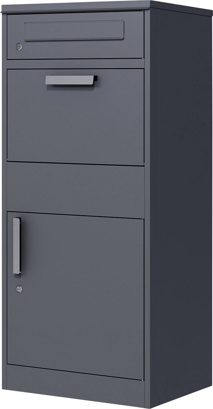 Grauer Metalllagerschrank mit einer kleinen oberen Schublade, mittlerem Fach und unterer Tür mit vertikalem Griff.