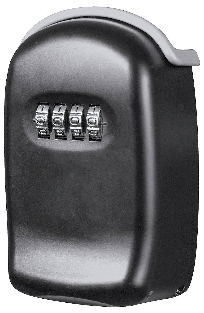 Schwarze 4-stellige Kombinationskassette oder Safe mit gerundeter Oberseite und seitlichem Drehknopf, vor weißem Hintergrund gezeigt.