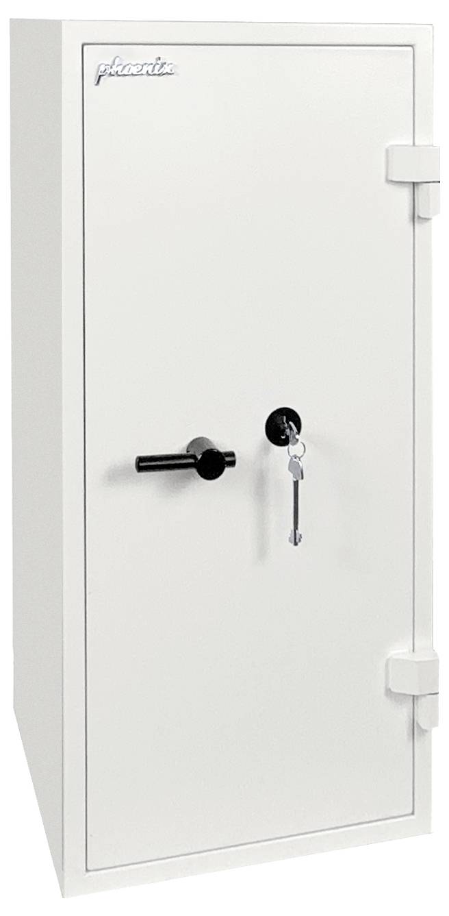 Weiße Sicherheitsbox mit Griff und Schlüssel in der Tür, geschlossen und verschlossen dargestellt.