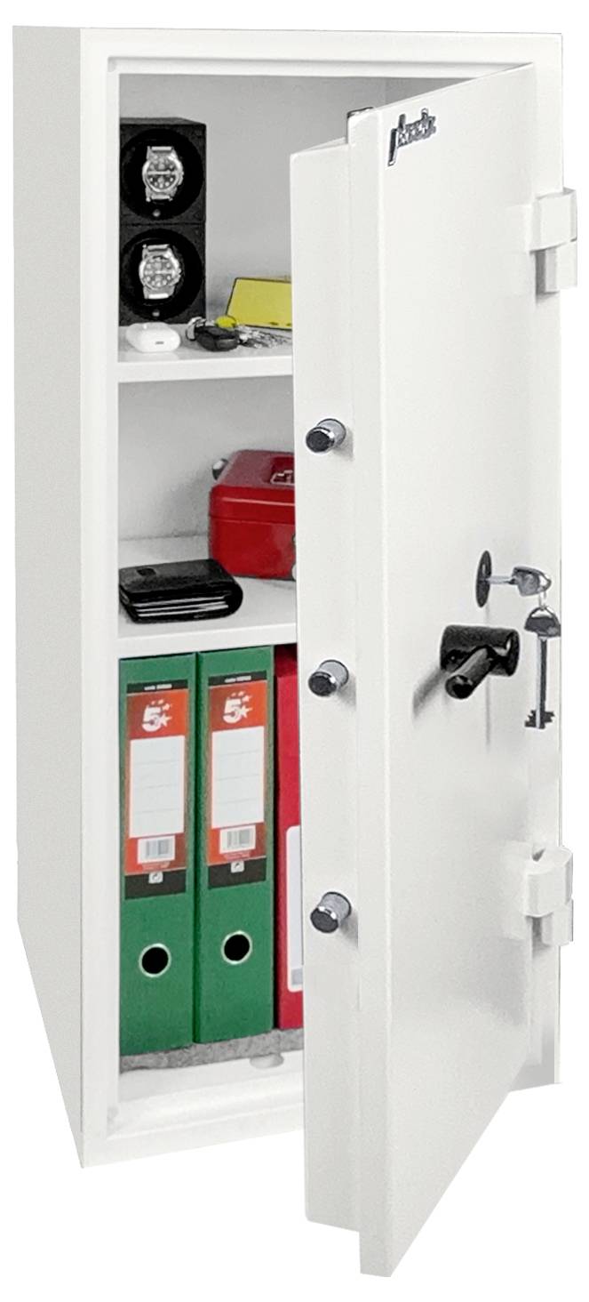 Offener weißer Bürosafe mit Regalen, die Ordner, einen roten Koffer und kleine Wertsachen enthalten.