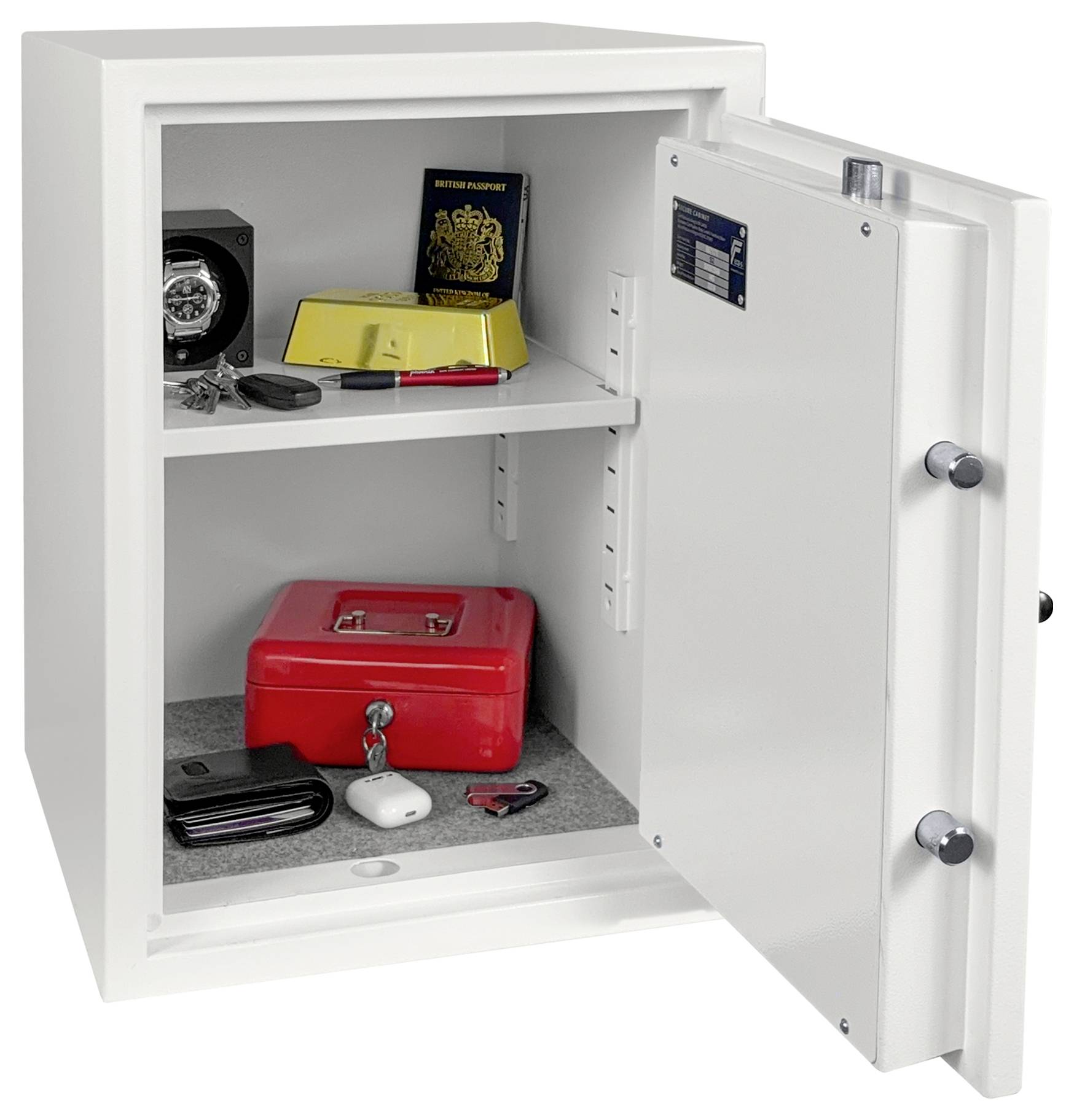 Öffnen Sie den weißen Safe, der Wertsachen enthält, einschließlich einer Uhr, Pässe, Schlüssel, Bargeld und eine rote Lockbox.