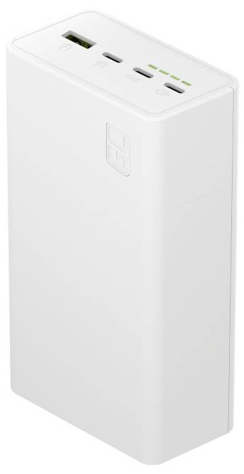 Weiße rechteckige Powerbank mit USB-A- und USB-C-Anschlüssen, vier LED-Batterieladeanzeigen und einem kleinen Einschalter auf der Oberseite.
