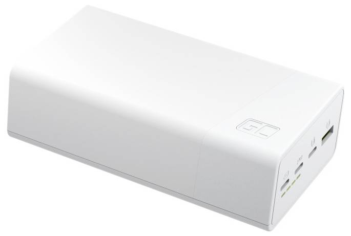 Weiße rechteckige elektronische Docking-Station oder Anschlussgerät auf einfachem Hintergrund dargestellt, mit Anschlüssen und Kontrollleuchten an einem Ende.