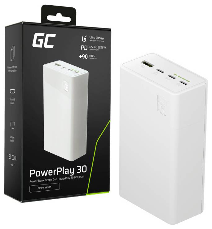Weiße GC PowerPlay 30 30.000-mAh-Powerbank neben ihrer schwarzen Produktschachtel, beschriftet mit USB-C 22,5W und Snow White.