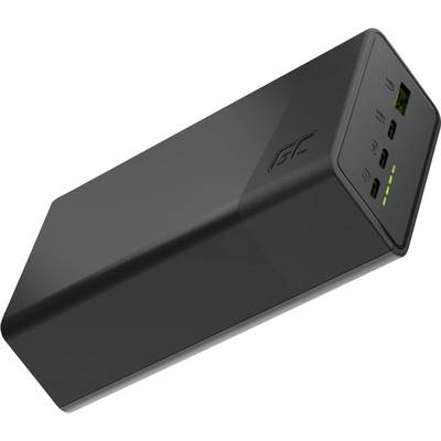 Schwarze rechteckige Powerbank oder tragbares Ladegerät mit USB-C- und USB-A-Anschlüssen, LED-Statusanzeigen und Logo auf der Seite.
