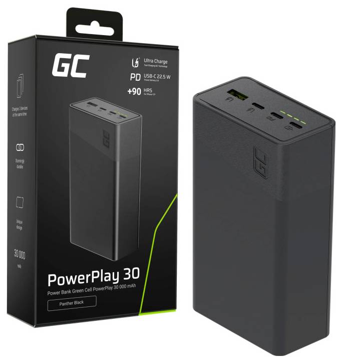 Black GC PowerPlay 30 tragbare Powerbank mit Einzelhandelsbox; unterstützt USB-C PD 22,5W und 30.000-mAh-Kapazität.