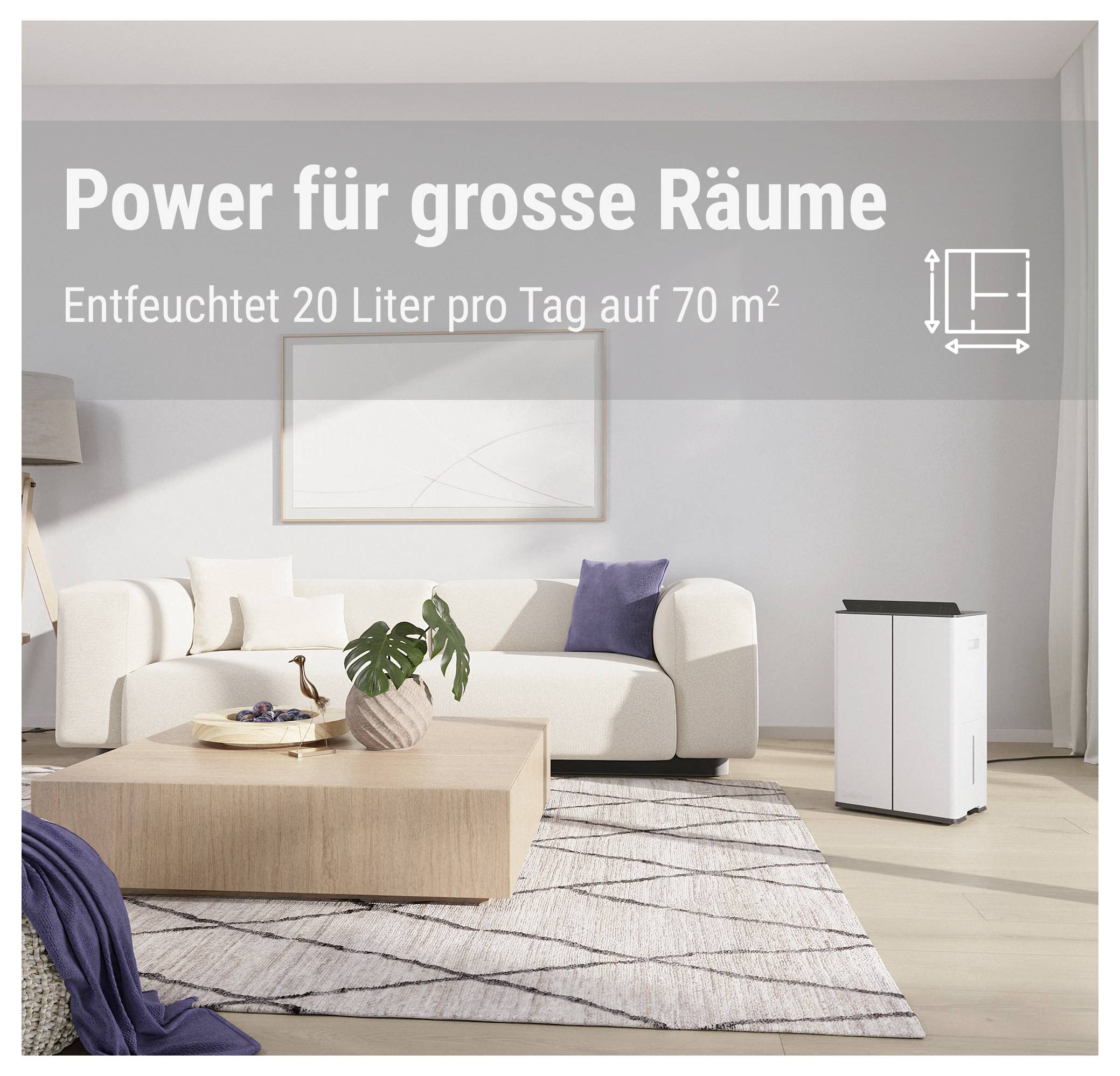 Kraft für große Räume<br><br>Entfeuchtet 20 Liter pro Tag auf 70 m²