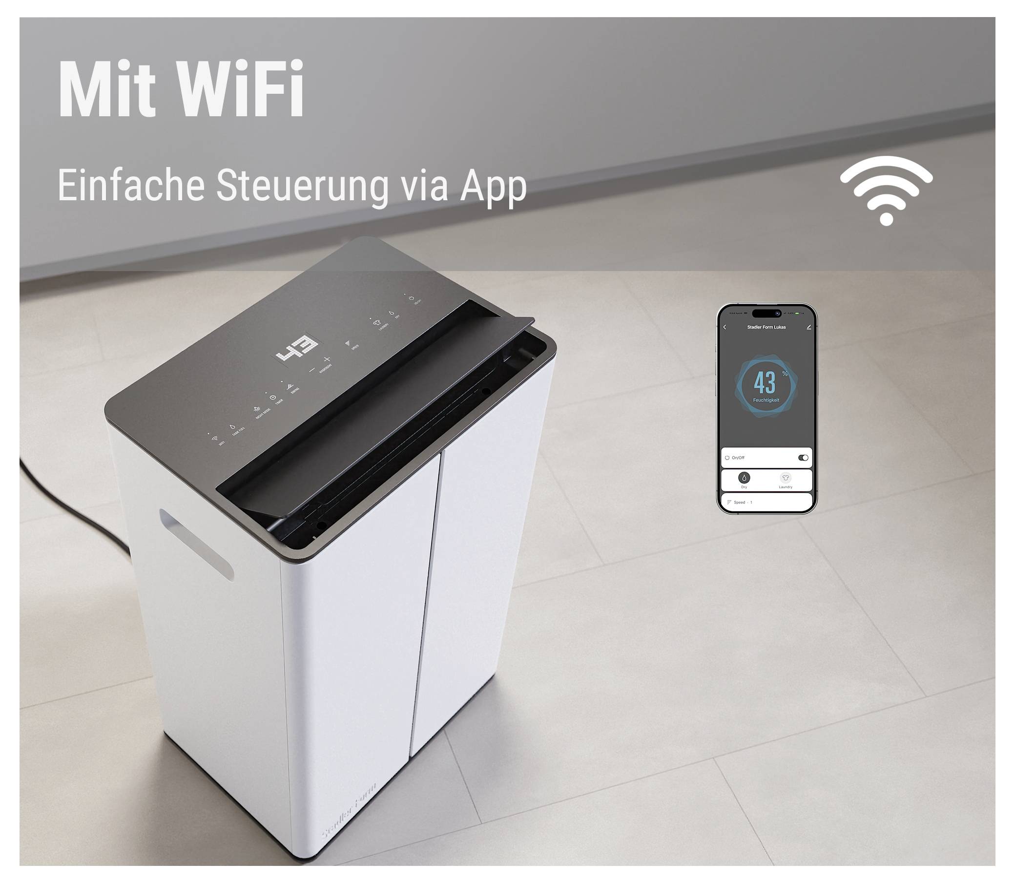 WiFi-fähiger Luftreiniger mit App-Steuerung auf einem Smartphone dargestellt, beschriftet mit „Mit WiFi" und „Einfache Steuerung via App".