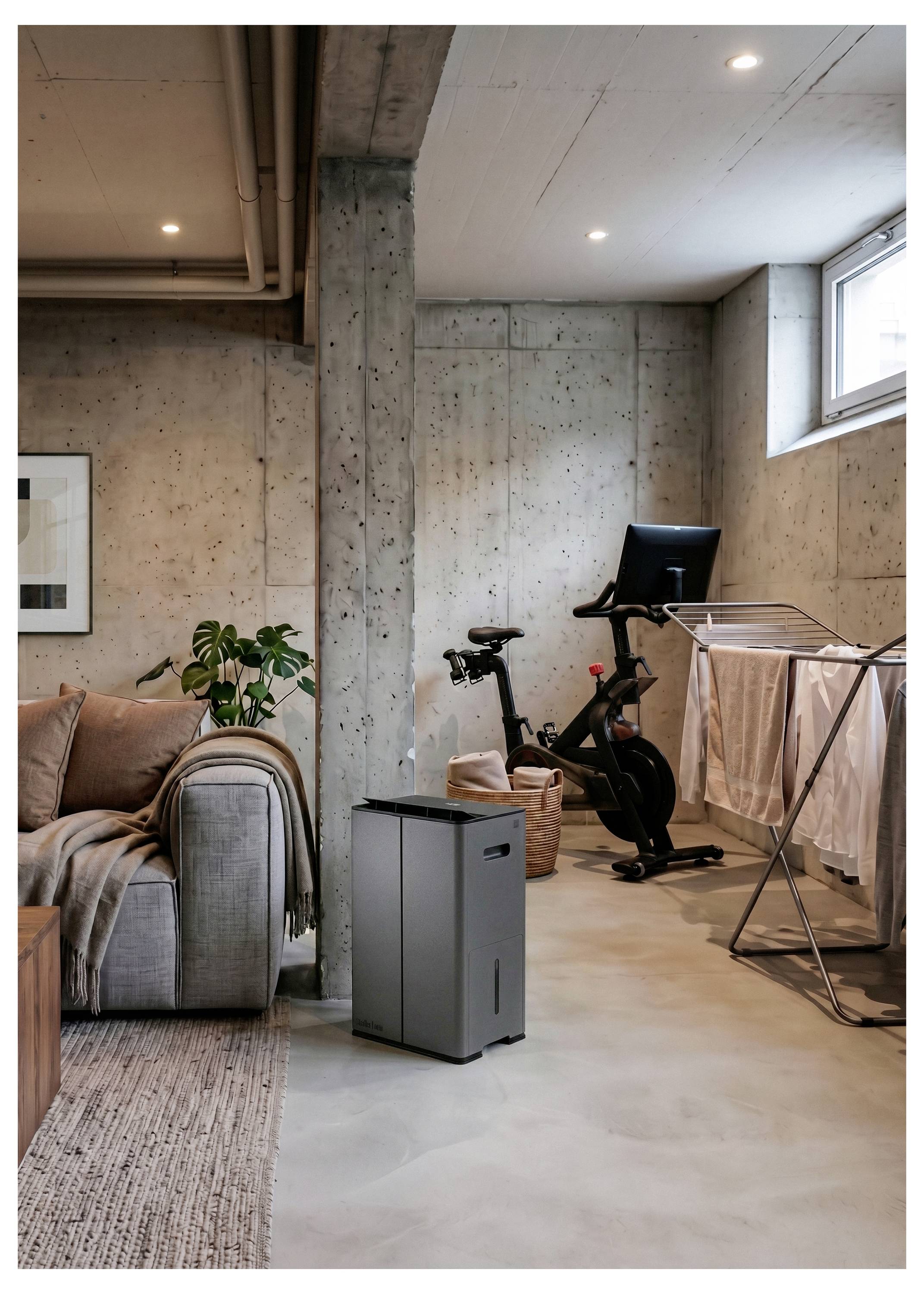 Modernes Kellergeschoss-Zimmer mit einem Sofa, einer Zimmerpflanze, einem Luftreiniger, einem stationären Heimtrainer und einer Wäscheständer in der Nähe eines kleinen Fensters.