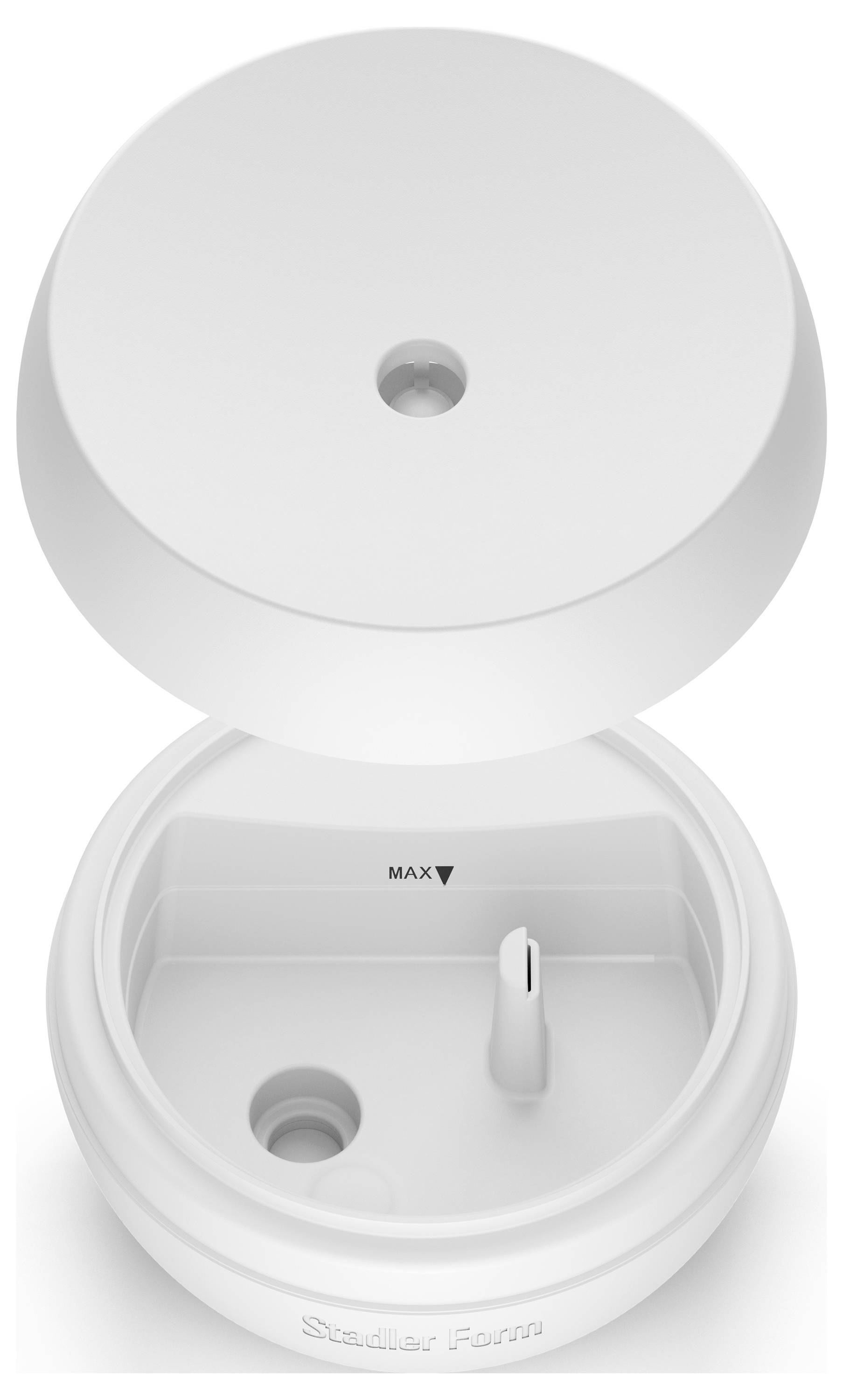Weißer zylindrischer Wasserbehälter mit abnehmbarem Deckel oben, Füllstands-Markierung „MAX" und zentraler Düse an offener Basis.
