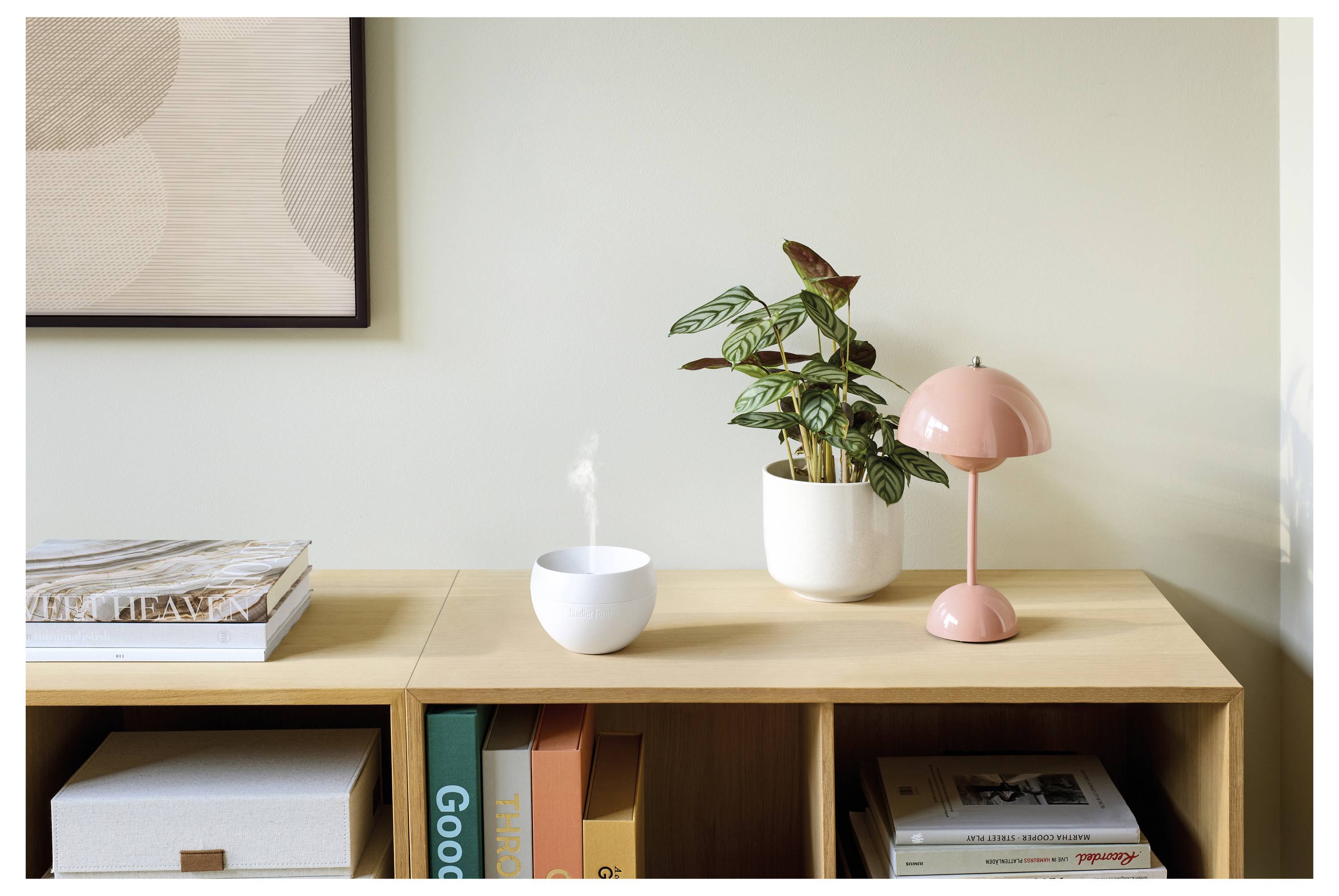 Minimalistische Regalablage mit Büchern, Aufbewahrungsbox, Topfpflanze, rosa Lampe und einer kleinen dampfenden weißen Tasse vor einer hellen Wand.