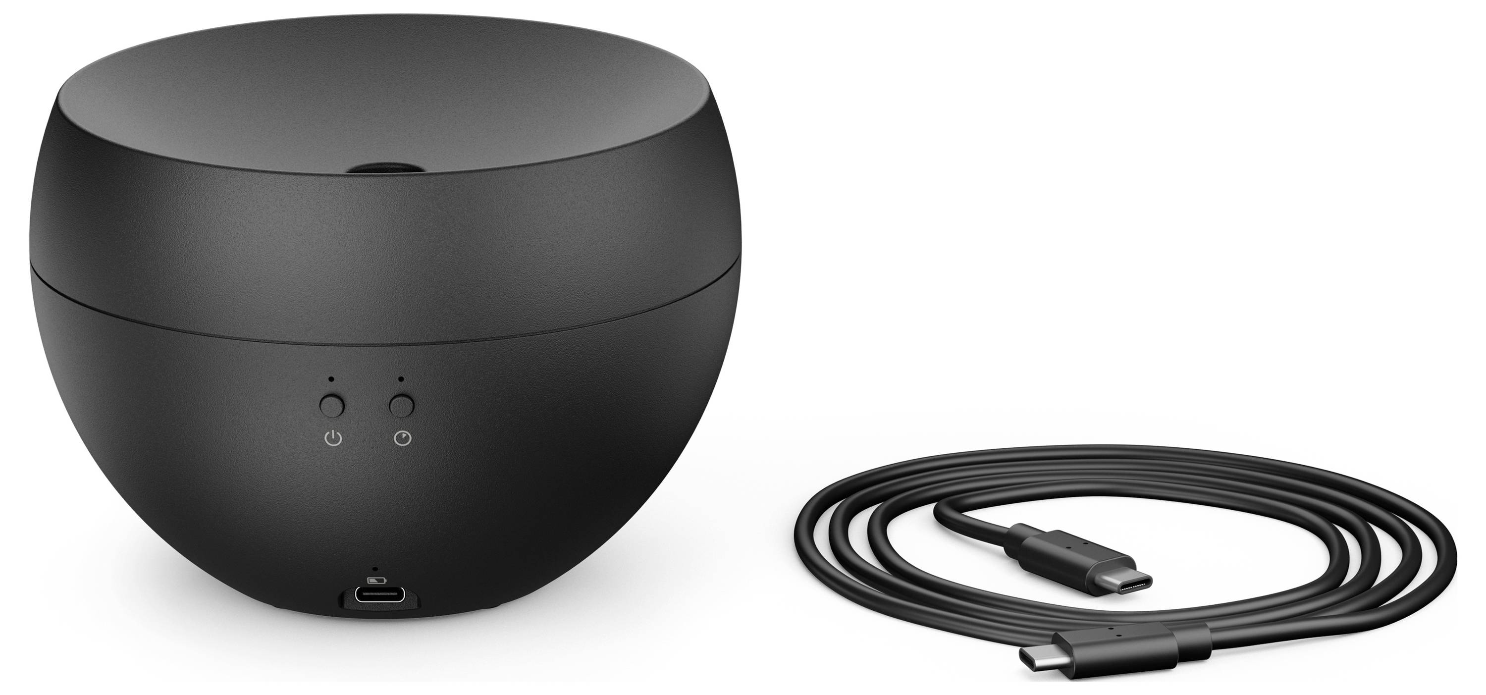 Schwarzes rundes Gerät mit zwei vorderen Anzeigelichtern und einem USB-C-Kabel daneben auf weißem Hintergrund.