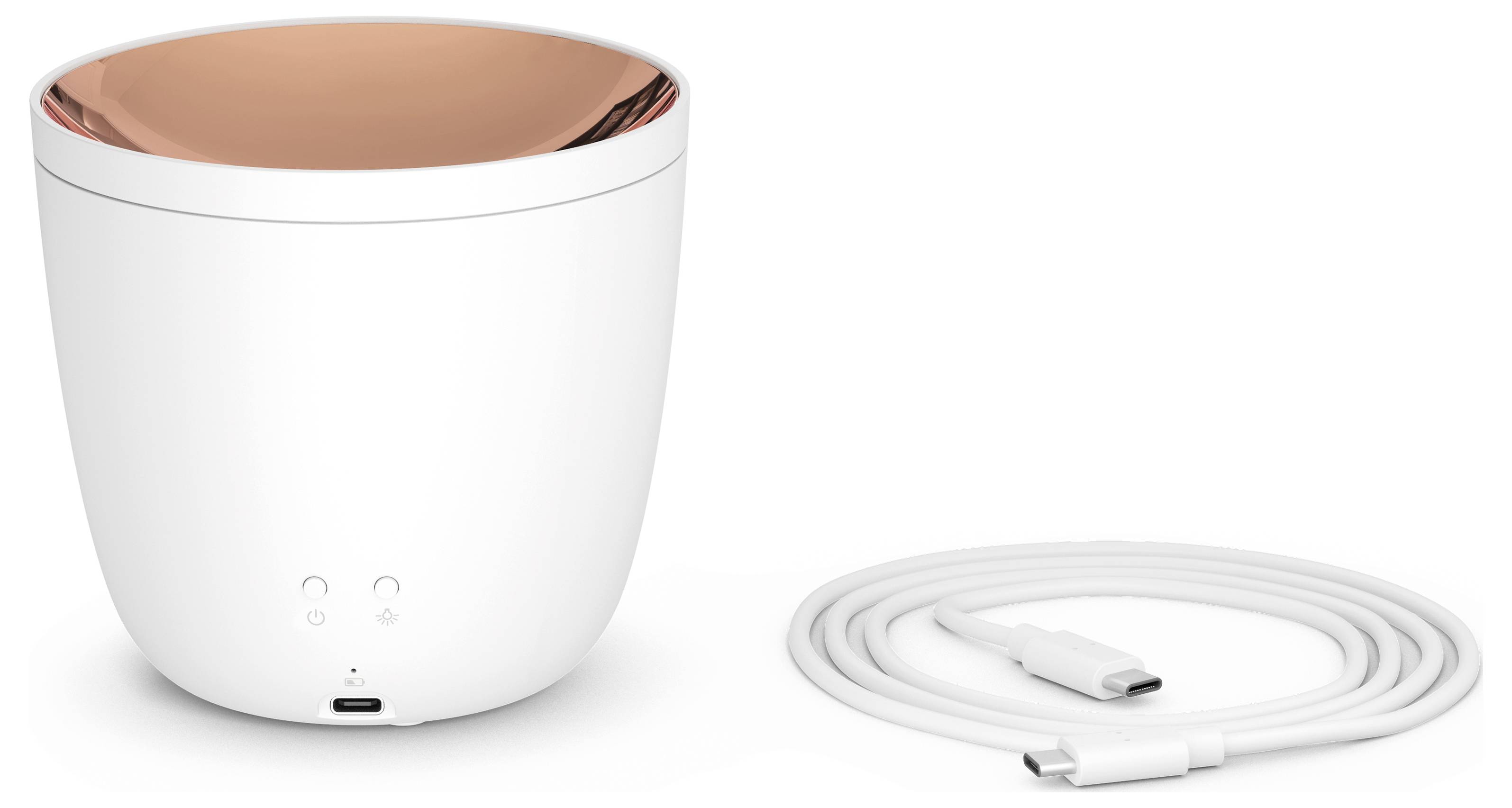 Weißes, eiförmiges Gerät mit Kupferspitze neben einem aufgerollten USB-C-Ladekabel auf weißem Hintergrund.