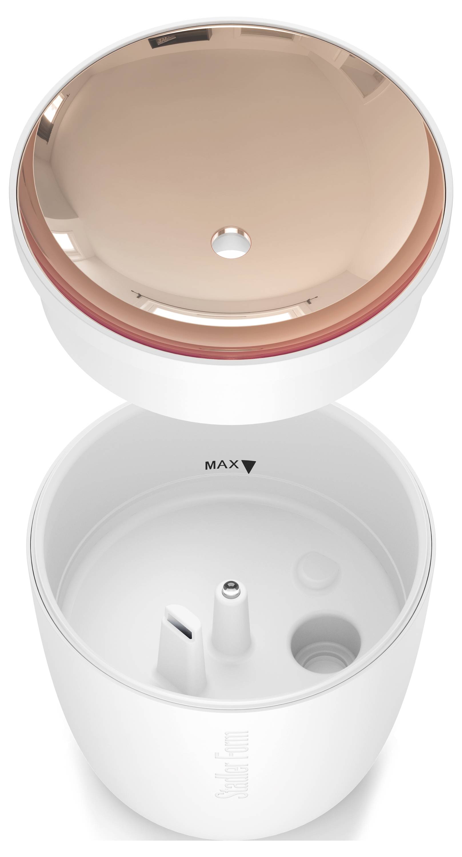 Offener weißer Luftbefeuchter oder Diffuser mit entferntem roségoldenem Deckelaufsatz, der das Wasserreservoir und die „MAX"-Füllmarkierung zeigt.