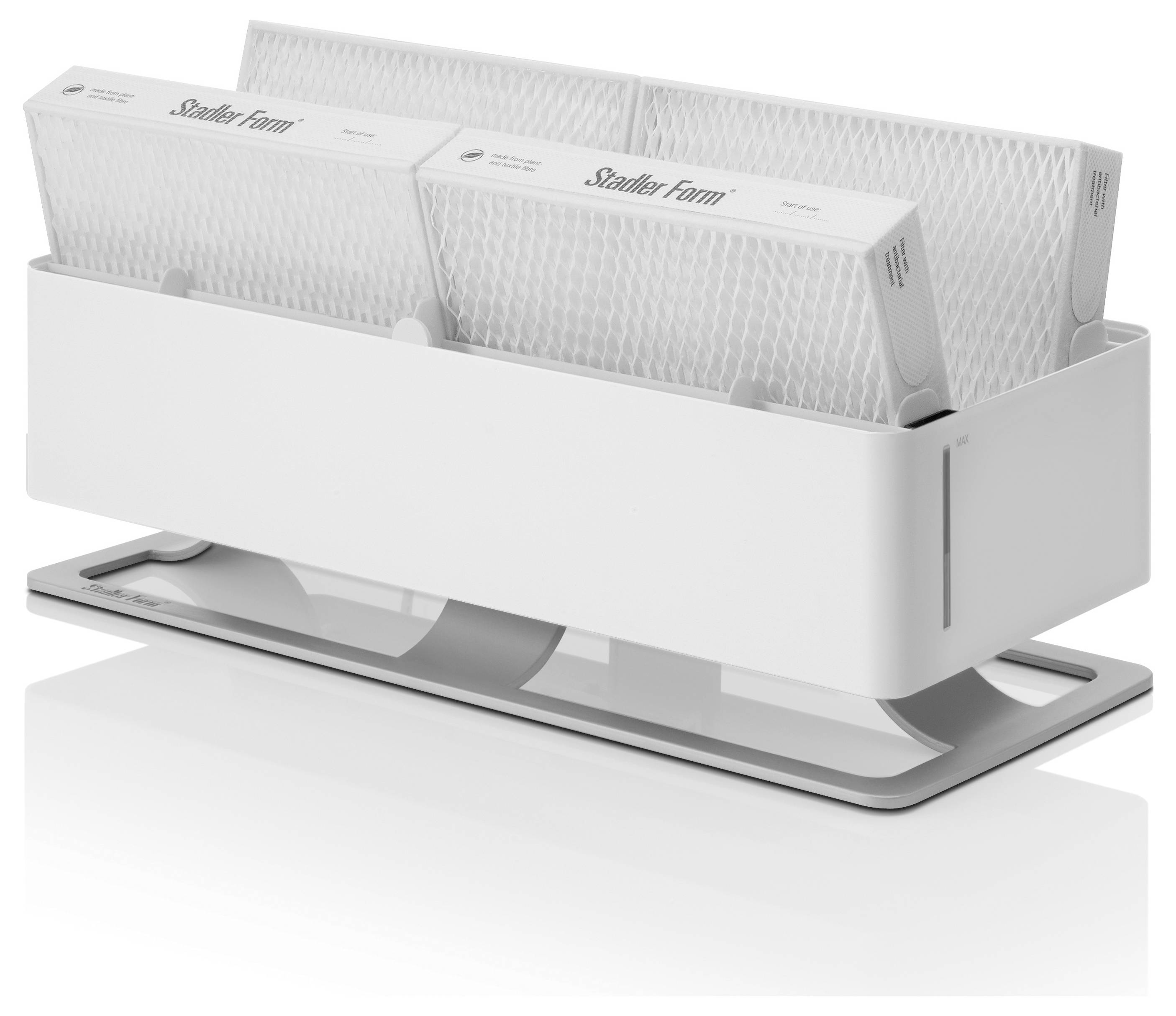 Moderner weißer Dateiorganizer mit zwei Dokumentkästen der Marke „Studio" auf einer eleganten Metallbasis.
