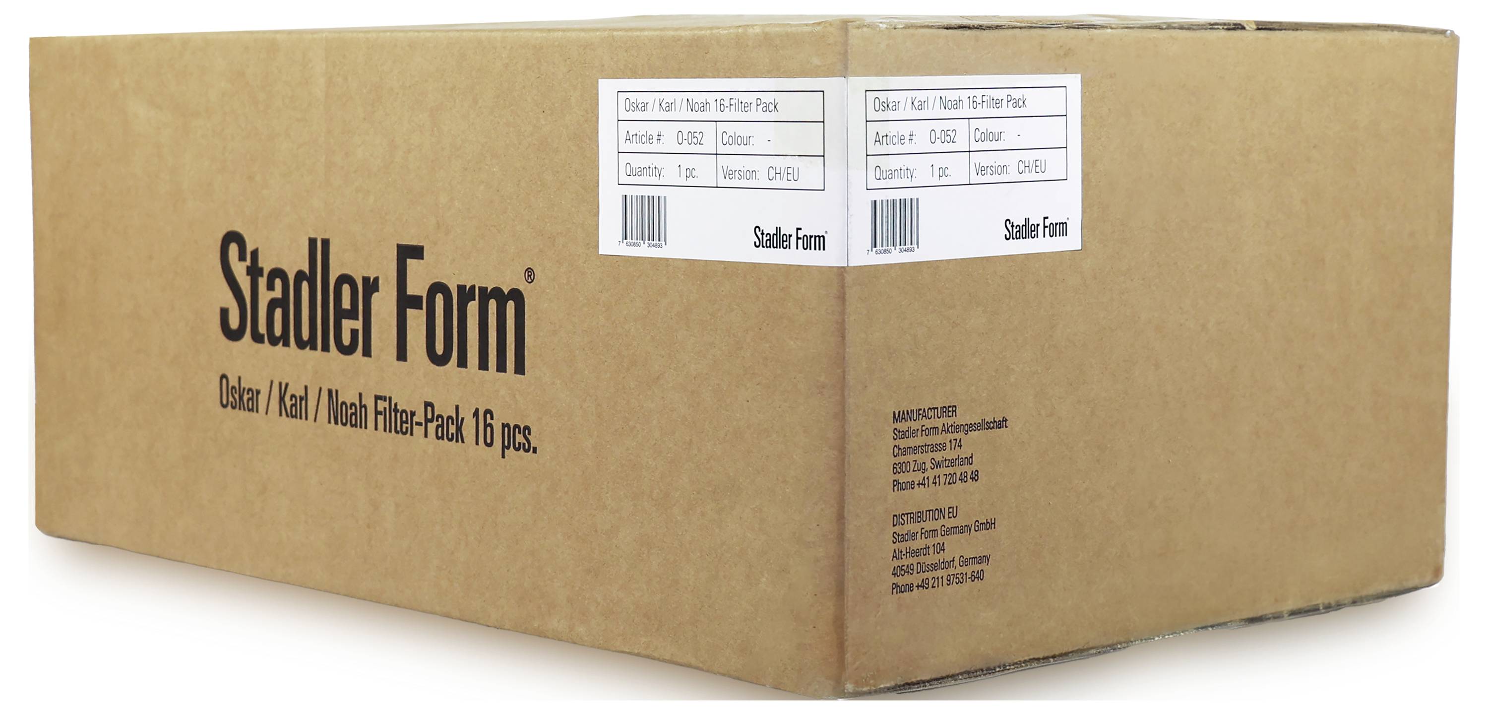 Kartonversandbox mit der Beschriftung 'Stadler Form' für 'Oskar / Karl / Noah Filter-Pack 16 Stück.'