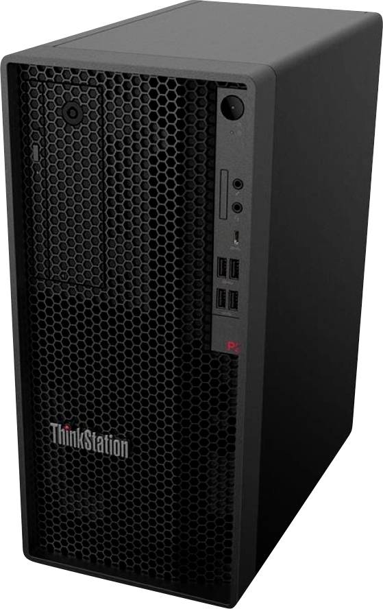 Schwarzer Lenovo ThinkStation Tower-Desktopcomputer mit Wabenfront, vorderer Stromtaste, Audioanschlüssen und USB-Anschlüssen.