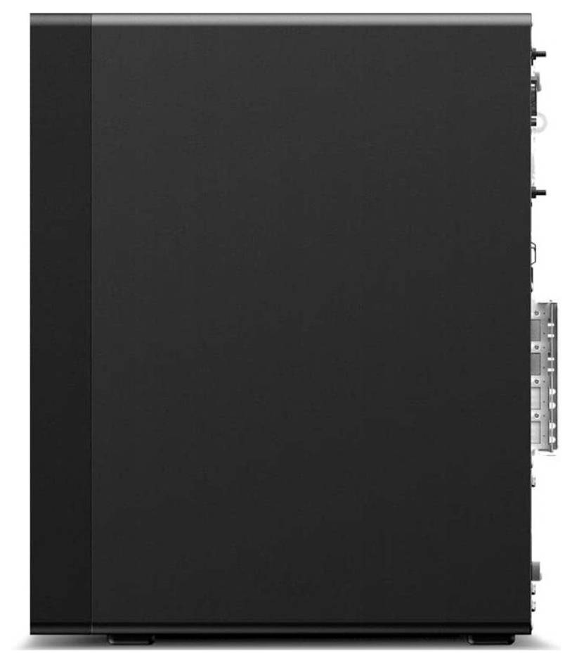Schwarzes rechteckiges elektronisches Gerät, shown in profile, mit belüftetem Seitenpanel und sichtbaren Anschlüssen an der rechten Kante.