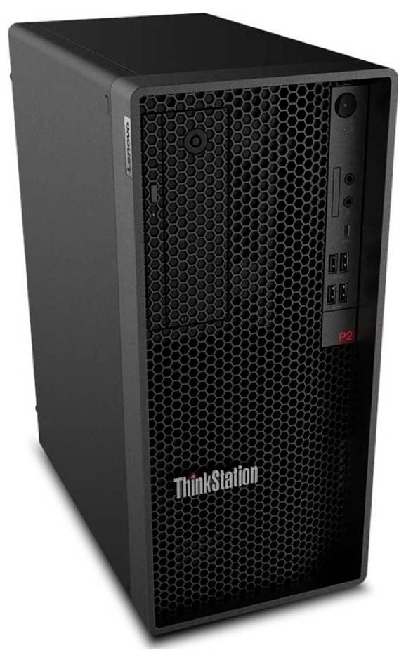 Schwarzer Lenovo ThinkStation Desktop-Workstation-Tower mit Wabenfront-Gitter und vorderen Power- und USB-Anschlüssen.