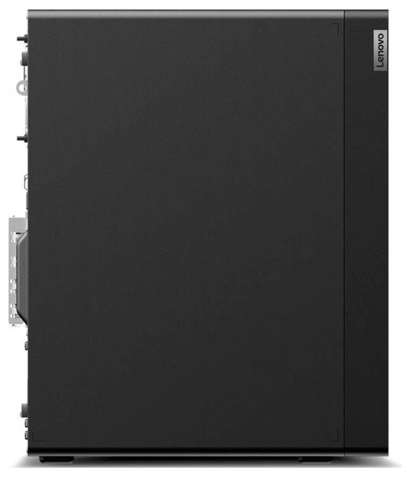 Schwarzer Lenovo Turm-Desktop-Computer in Seitenansicht auf weißem Hintergrund.