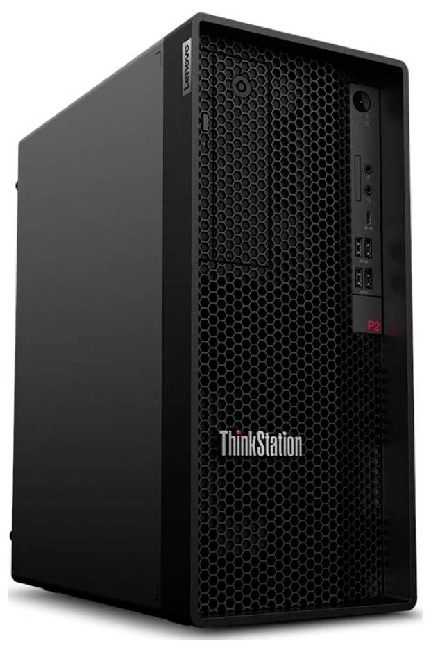 Schwarze Lenovo ThinkStation Tower-Workstation mit Wabengitterfront und vertikalem Bedienfeld.