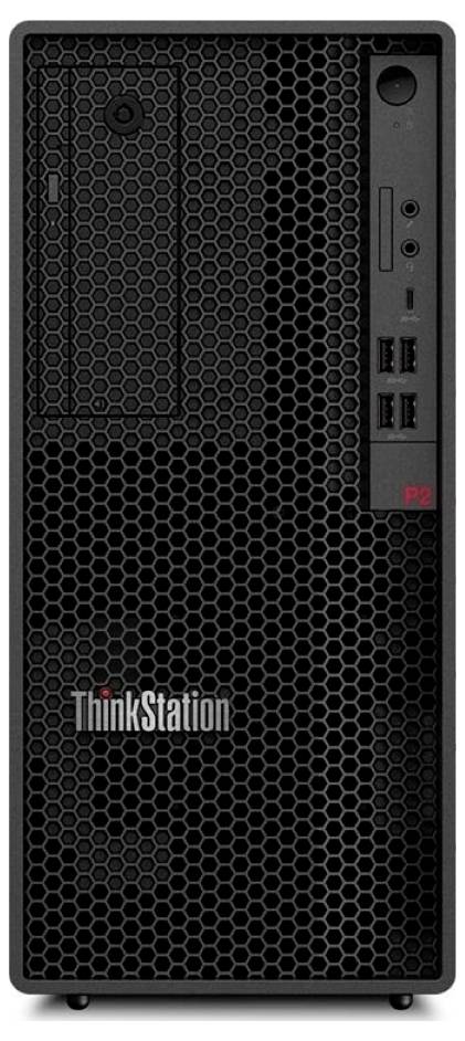 Vorderansicht eines Lenovo ThinkStation Desktop-Towers mit Wabengitter und vorderen E/A-Anschlüssen auf der rechten Seite.