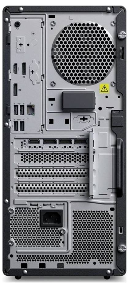 Rückansicht eines Desktop-Computer-Towers mit Lüftungsgittern, Erweiterungssteckplätzen, Anschlüssen und Netzteilgehäuse.